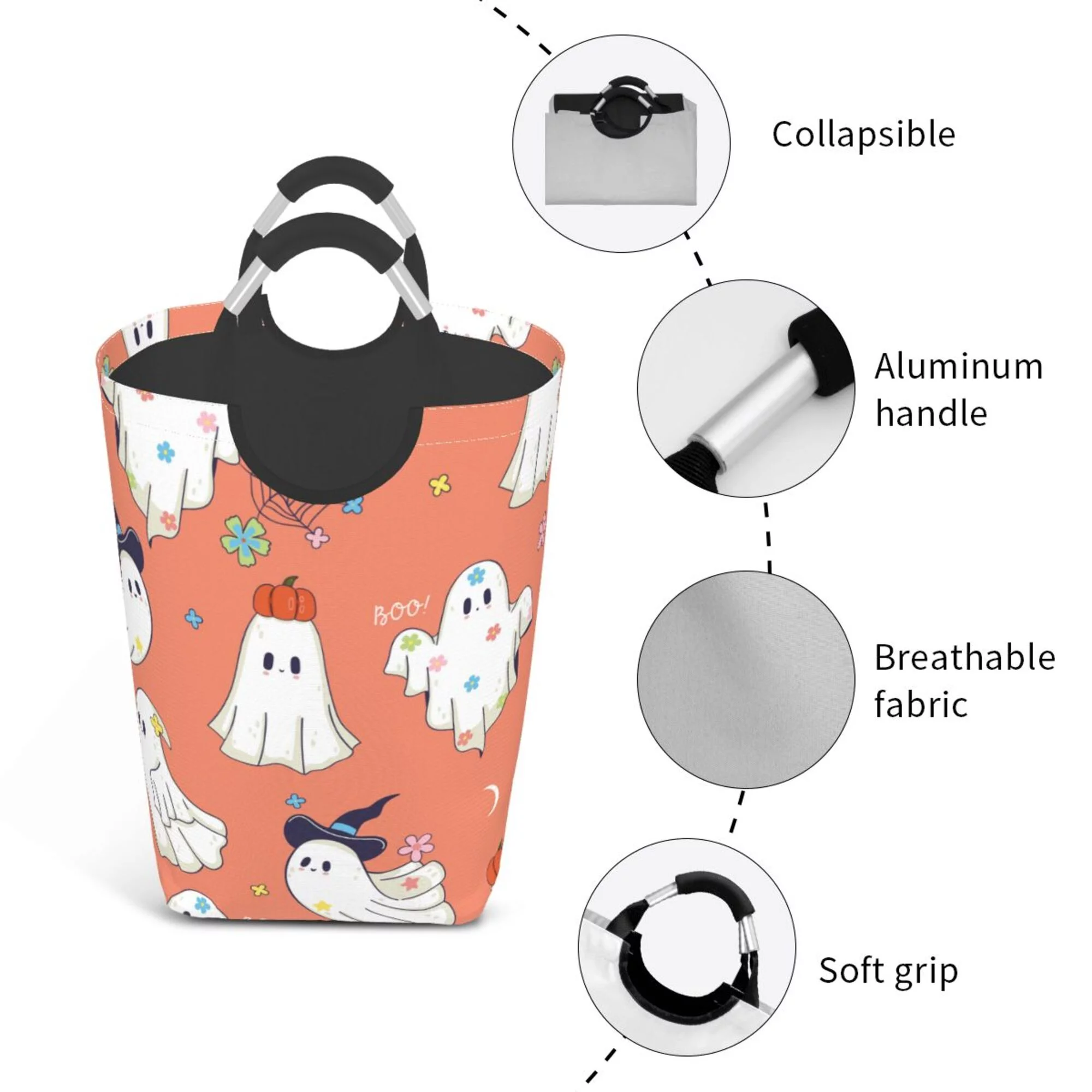 TEQUAN 50L Large Rectangular Laundry Hamper with Aluminum Handles, Magical Cute Happy Ghosts Prints Waterproof Foldable Dirty Clothes Basket
