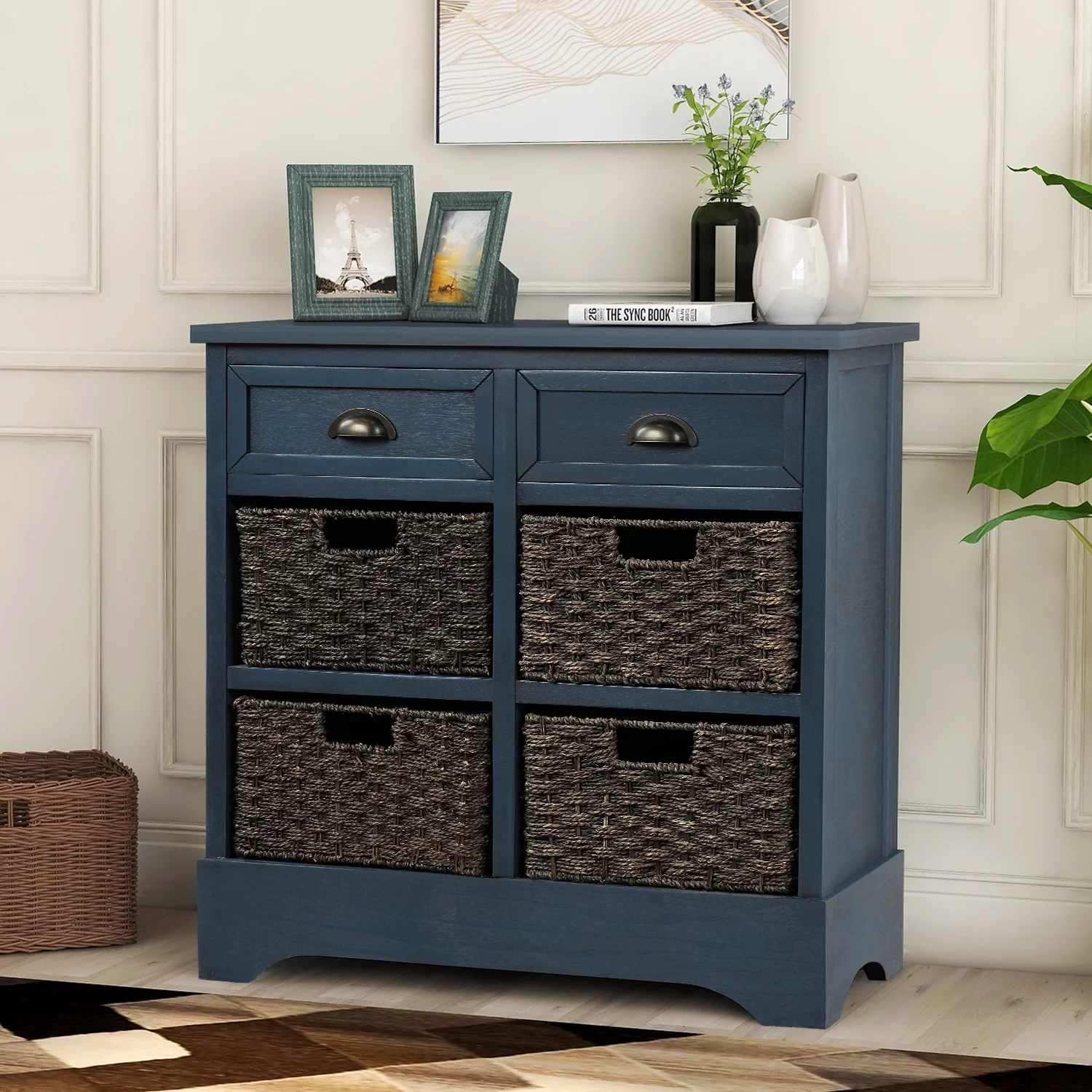 Rustic Storage Cabinet with Two Drawers and Four Classic Rattan Basket for Dining Room/Entryway/Living Room (Antique Navy)