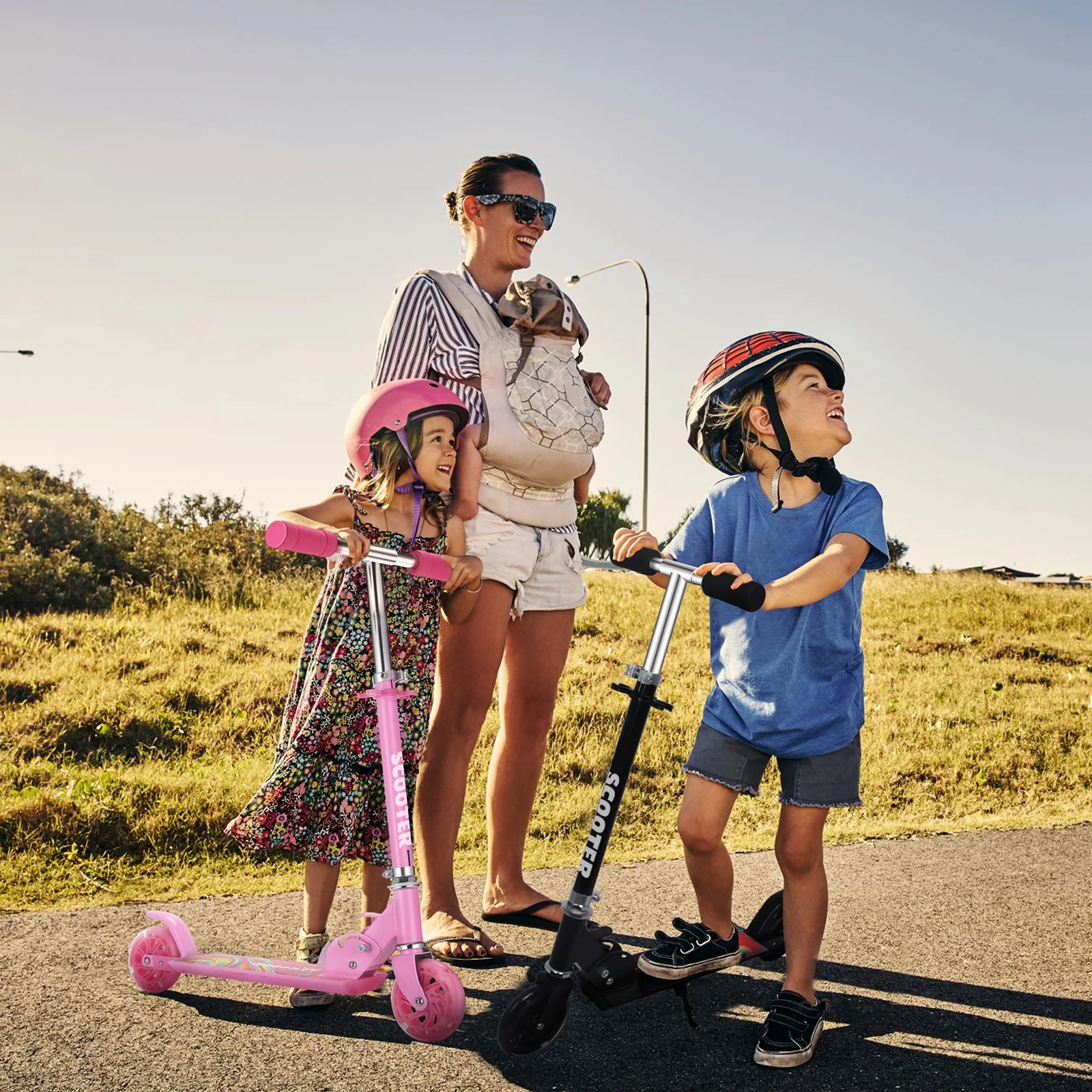 FYC Foldable Kick Scooter for Kids Ages 3+ with Light-Up Wheels, 3-Levels Height Adjustable Handlebar and Rear Brakes, Easy-Folding Mechanism, Black