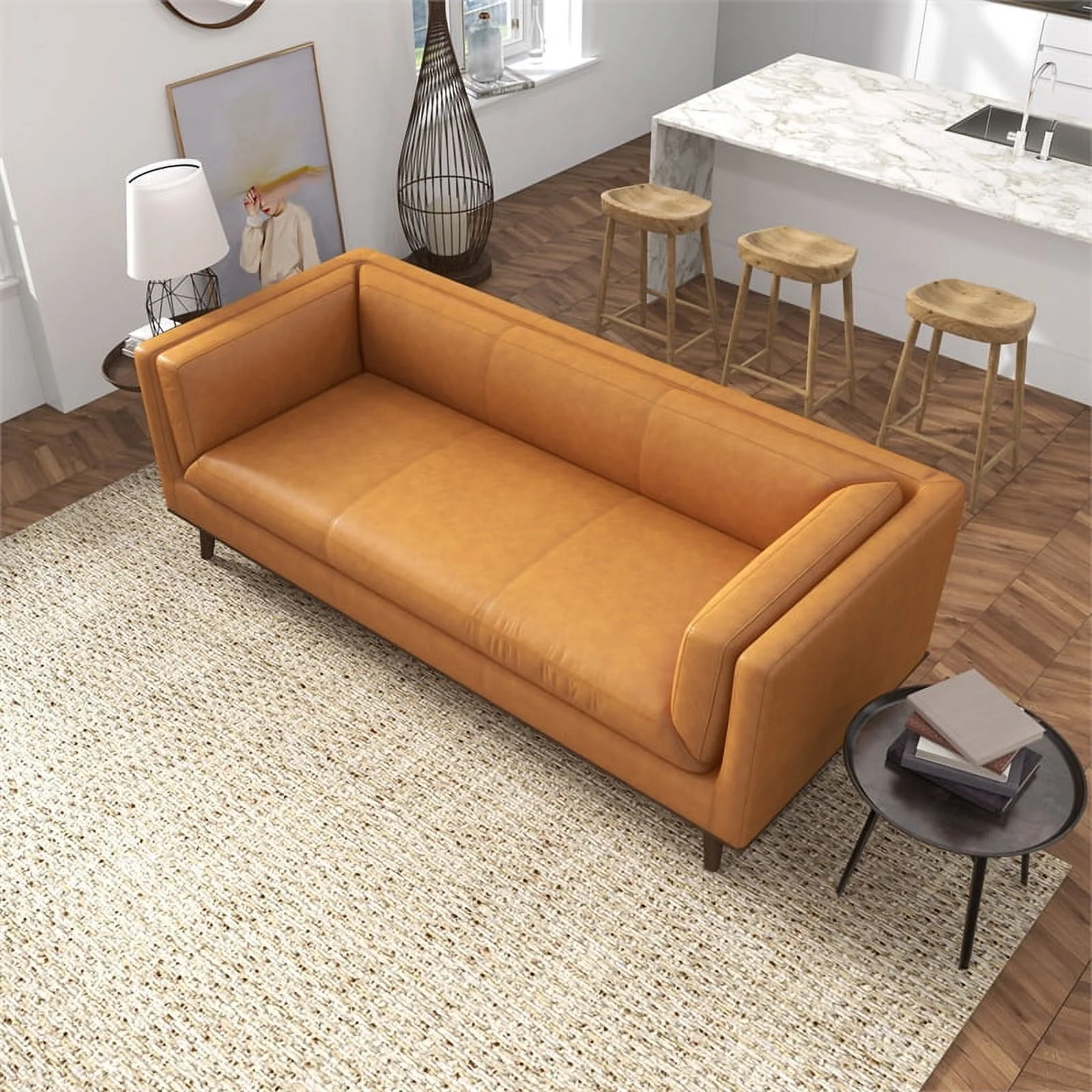 Dolomite Mid Century Modern Living Room Genuine Leather Sofa in  Cognac Tan