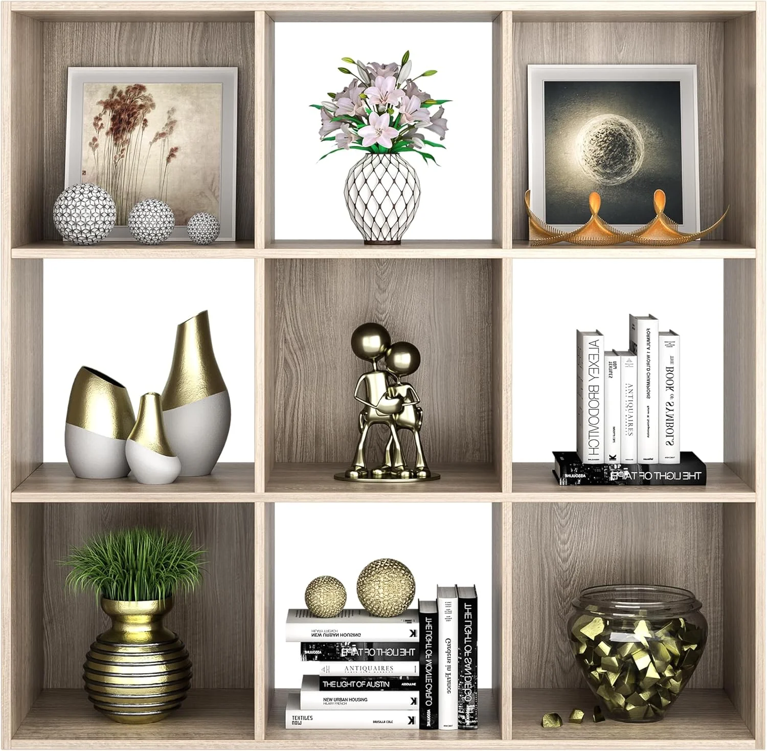 U-SHARE Open Shelf Bookcase 3 Tier Bookshelf Wood Cabinet Storage Organizer Display Shelves with 5 Removable Back Panels for Home, Office, Bedroom, Living Room,