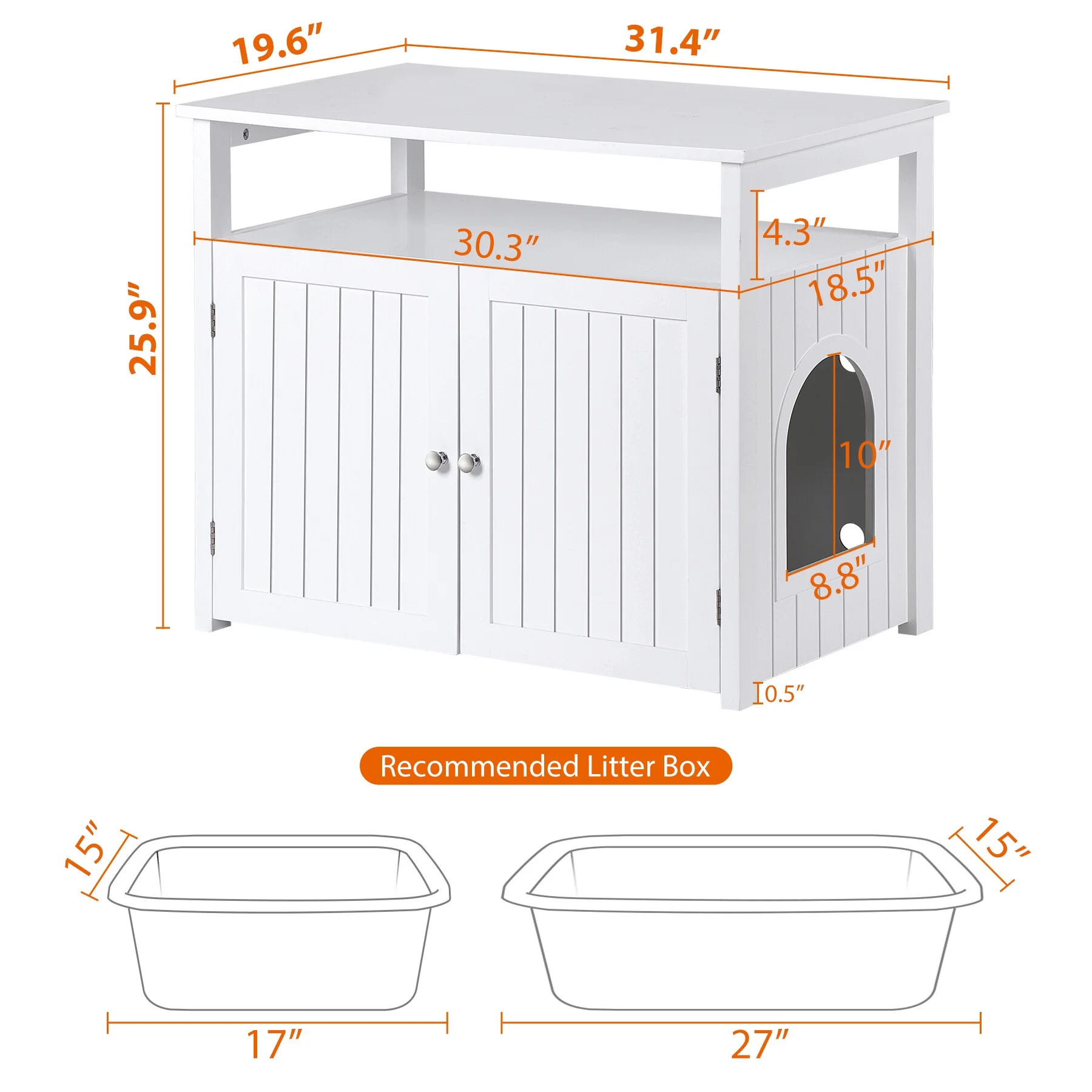 HomGarden Cat Hidden Washroom Litter Box Enclosure Wooden Storage Cabinet Side Table W/Divider & Storage Shelf, White