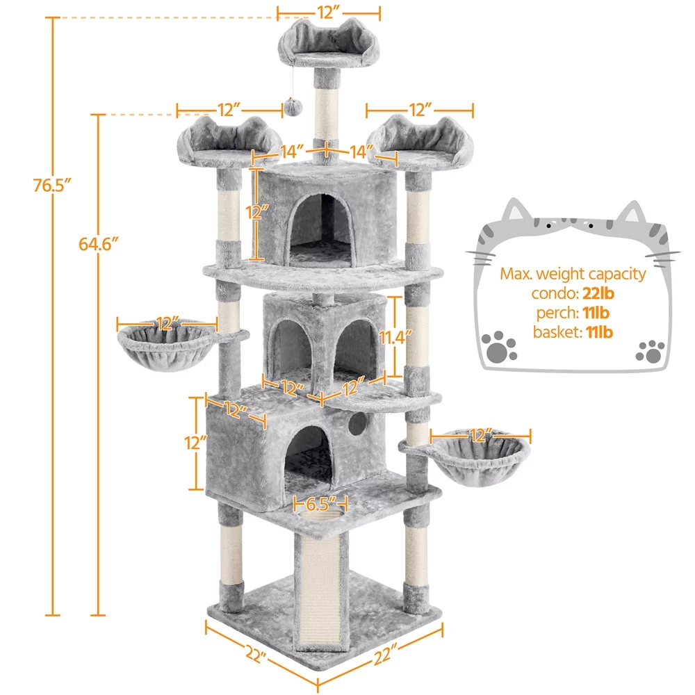 Easyfashion 76.5inch Large Cat Tree Tower with 3 Condos, Light Gray