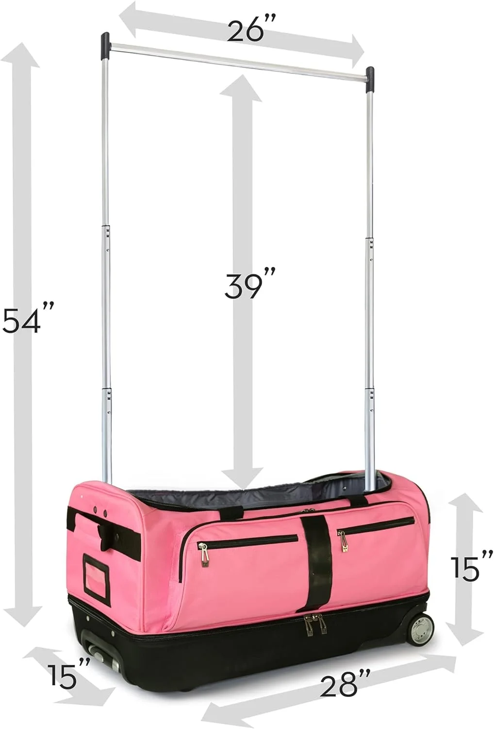 Newly Designed Garment Rack 28 inch Duffel with Wheels, Collapsible Lightweight Drop-Bottom Dance Costume Travel Luggage, Pink/Black…