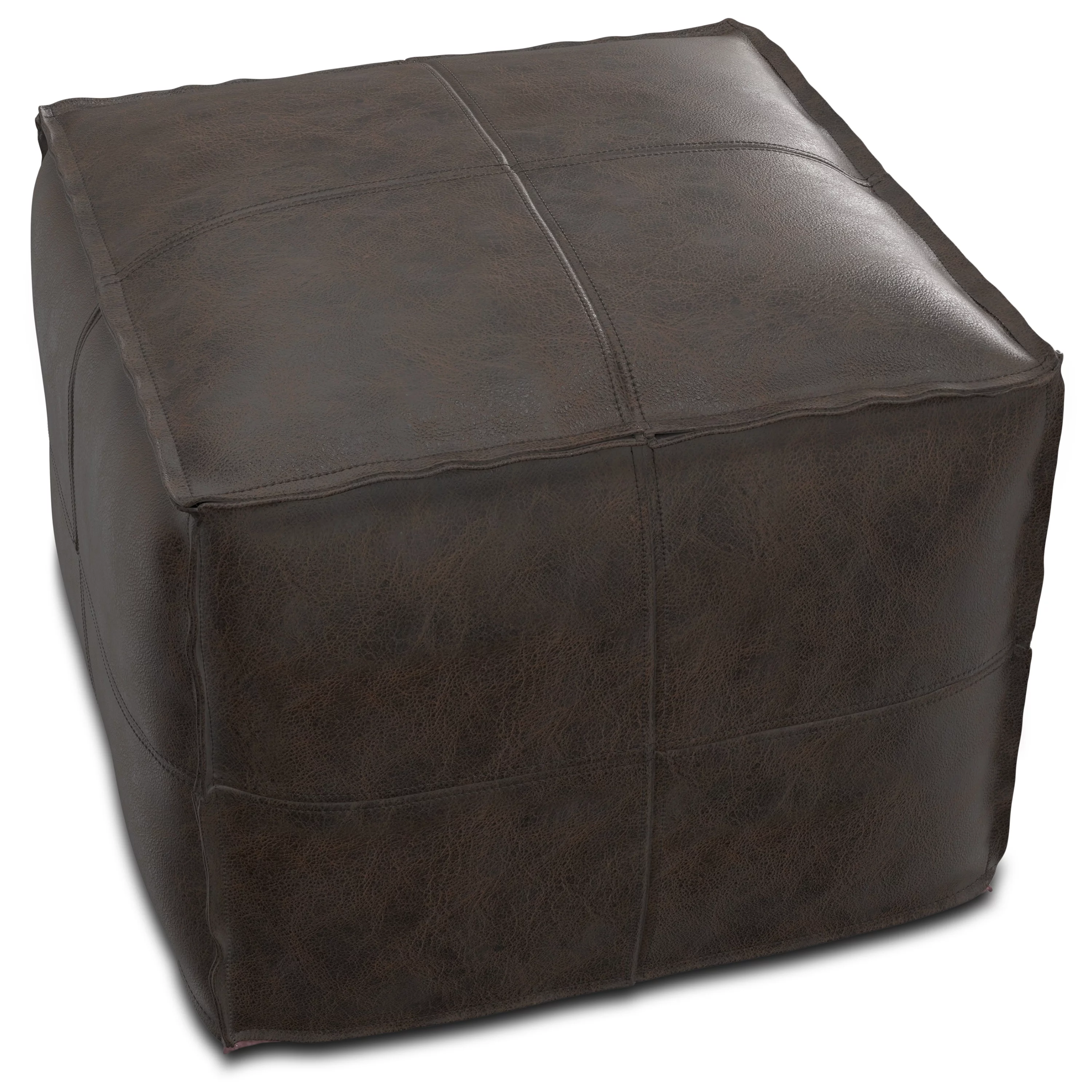 Simpli Home Sheffield Boho Square Pouf in Distressed Dark Brown Leather