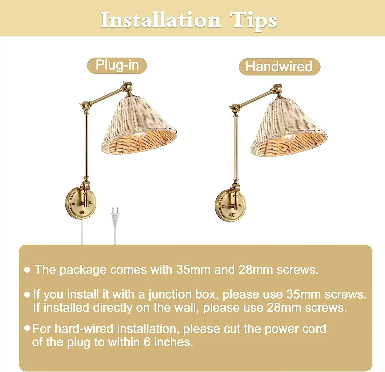 YANPO Wall Sconce Rattan Wrapped Wall Lamp, Adjustable Swing Arm Wall Light Gold Vintage Bedside Light Fixture Wicker Handmade Shade Brass Reading Light Plug in or Hardwire (2 Pack)