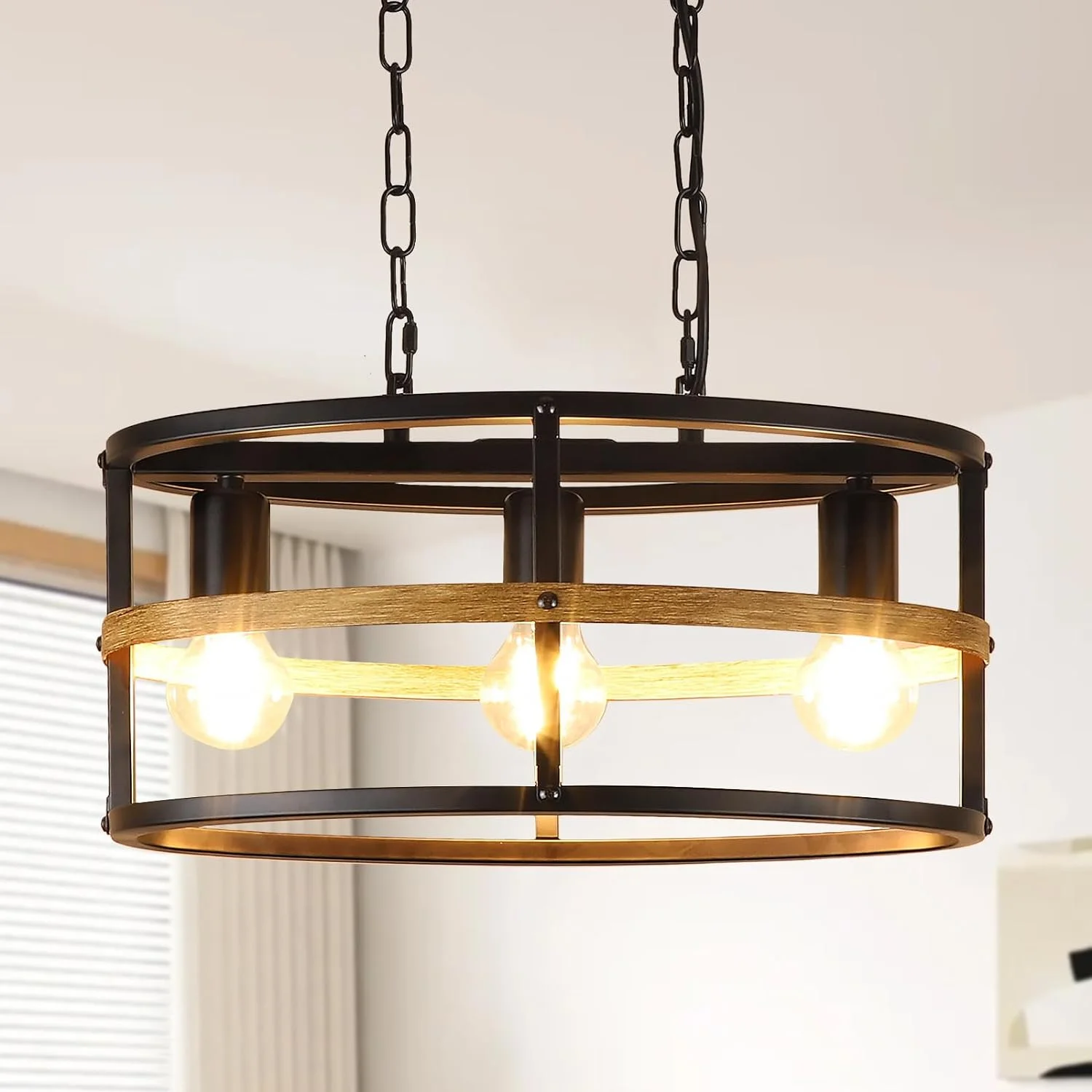 Depuley 3 Light Black Walnut Industrial Metal Cage Ceiling Chandelier Farmhouse Pendant Light  Hanging Oval Lighting Fixture for Living Room Dining Kitchen Island, E26 Socket