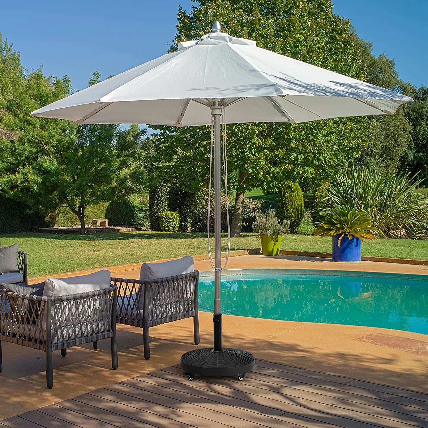 50 LBS Patio Umbrella Stand, 20.5 Inch Round Umbrella Base with 4 Lockable Wheels, Heavy-Duty Outdoor Umbrella Holder, Suitable for Pool, Yard, Garden, Street, Market, Rattan Design, Black