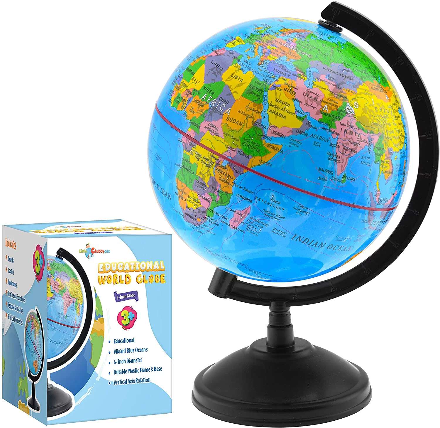 Little Chubby One 7-inch Educational World Globe - Educational and Decorative Piece - Colorful Informative Easy to Read Spinning Globe Ideal for Learning Geography and Perfect Decor for Kids Room