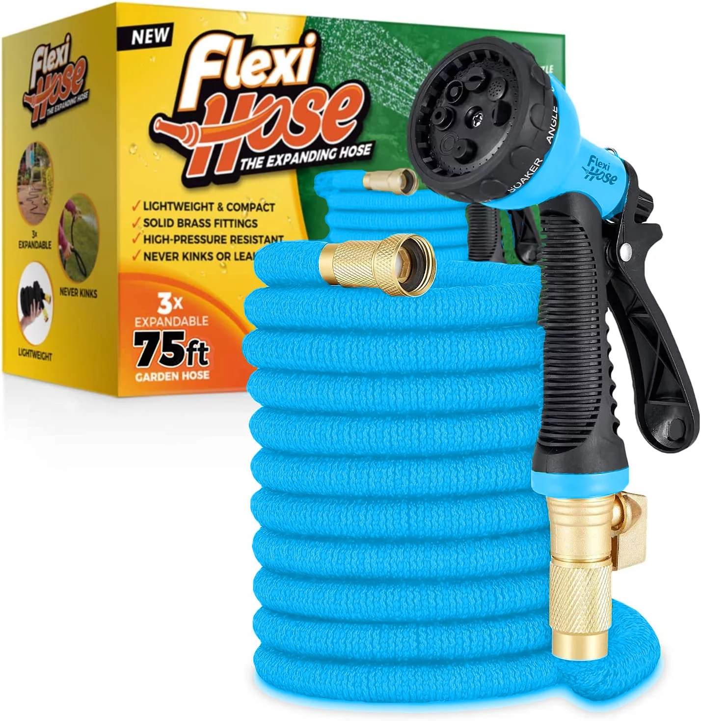 Flexi Hose Expandable Garden Hose | 75 FT No-Kink Flexible Hose | 3/4 Inch Solid Brass Fittings and Double Latex Core | 8 Function Nozzle (Blue)