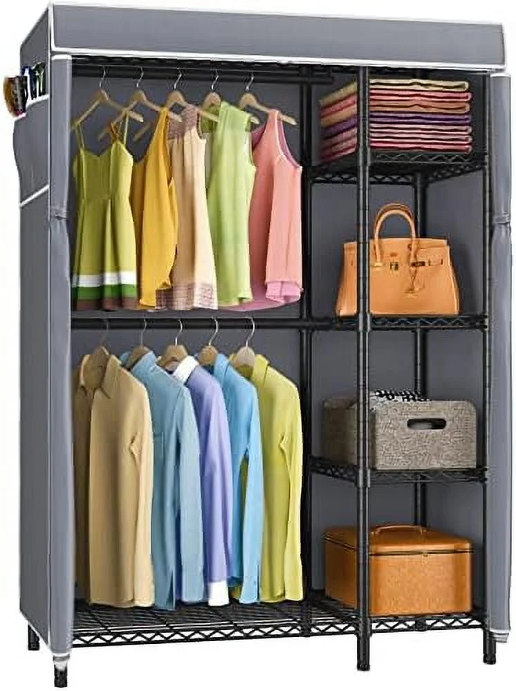 ZWNLKQG V7C Wire Garment Rack 6 Tiers Heavy Duty Covered  with 2 Fabric Drawers  Freestanding Wardrobe Closet Metal Clothing Rack with Grey Oxford Fabric Cover  Max Load 562LBS