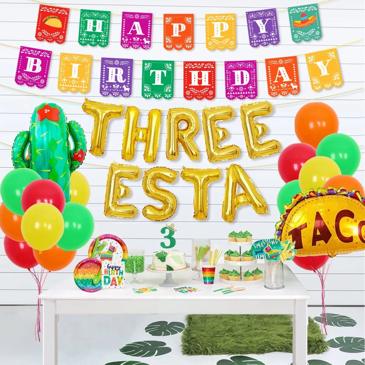 Mexican Themed Birthday Party Supplies, Fiesta Three Birthday Banner and Cake Topper, Taco Party Decorations For Kids·