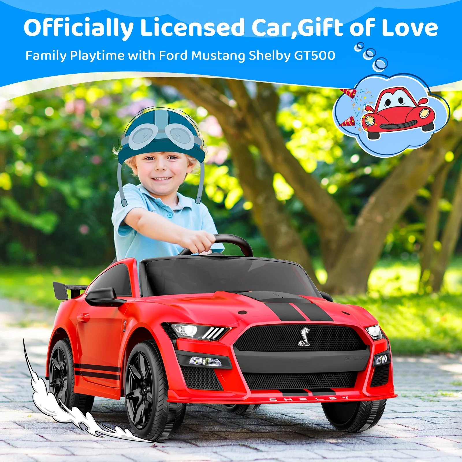 HHVEL 12V Licensed Ford Mustang Shelby GT500 Car, Electric Vehicle Toy for Kids/Toddlers with Spring Suspension,Remote Control,Music Player,LED Lights for Ages 3+,Red