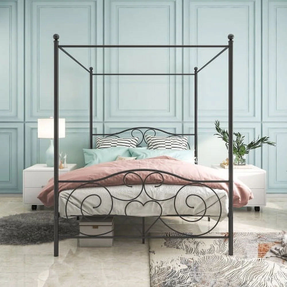DremFaryoyo Metal Canopy Bed Frame  Platform Bed Frame Queen with X Shaped Frame Queen Black