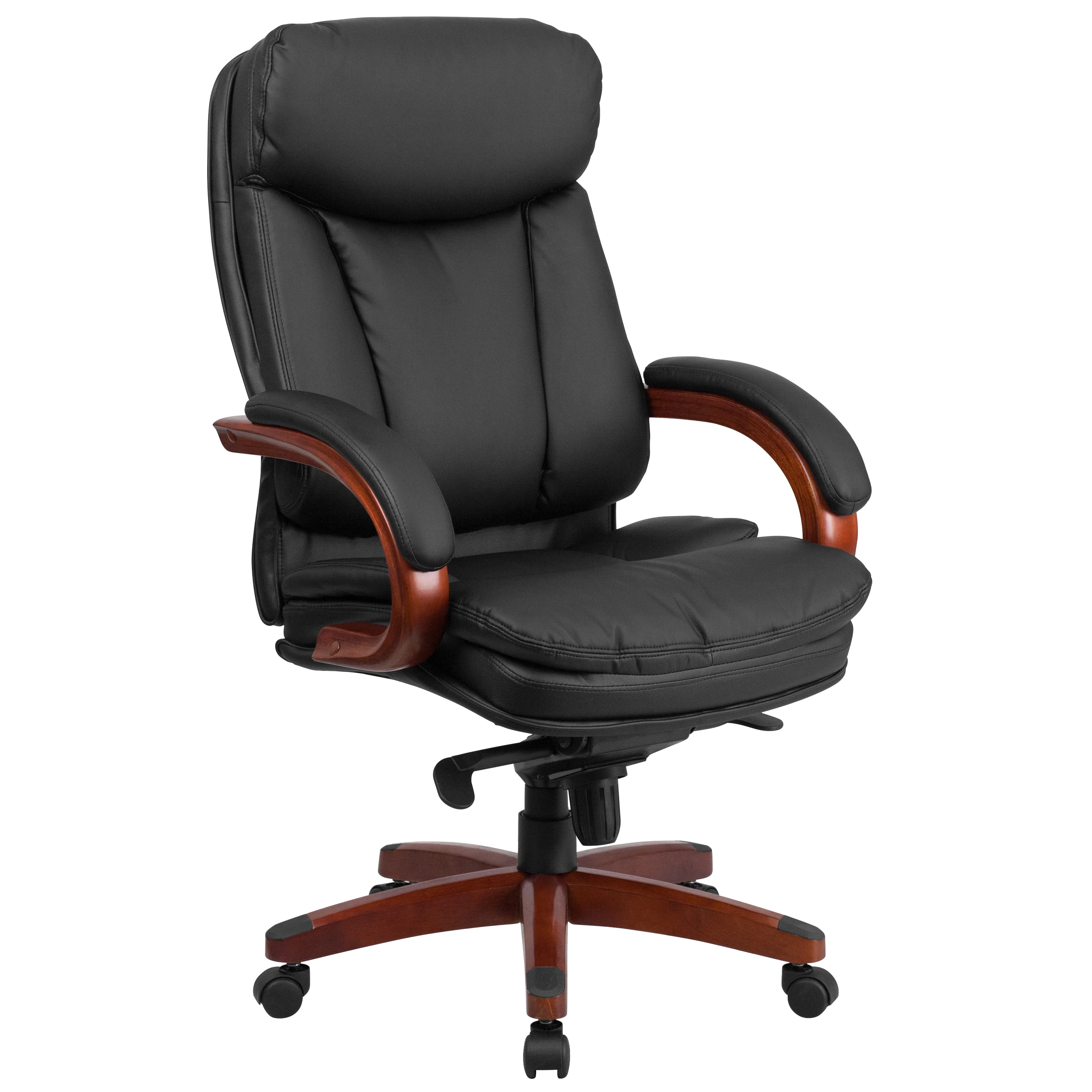 Emma + Oliver High Back Black LeatherSoft Synchro-Tilt Ergonomic Office Chair with Wood Base