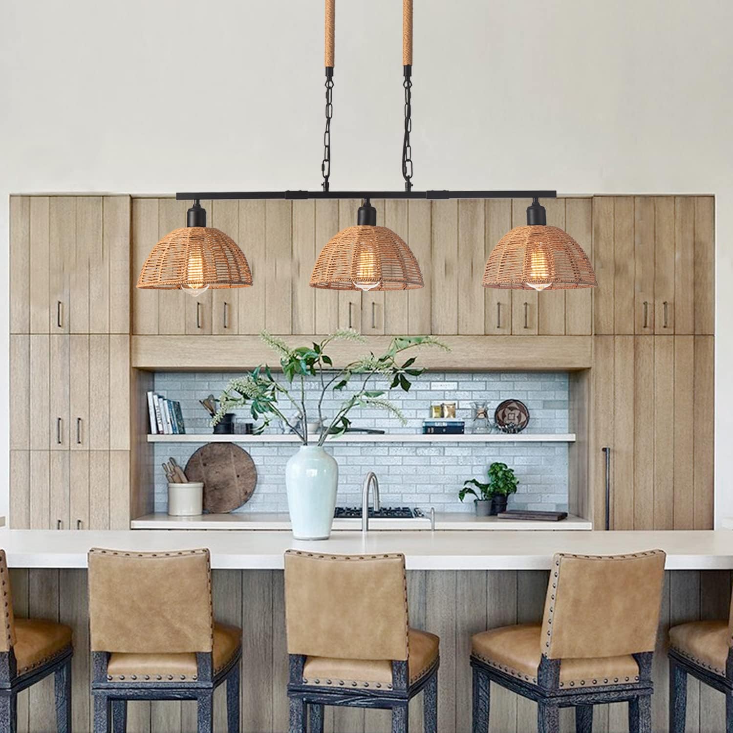 Farmhouse Rattan Kitchen Island Lighting Vintage Dome Hand Woven Bamboo Pendant Light for Kitchen Island Rustic Boho Wicker Black 3-Lights Chandelier for Dining Room, Living Room