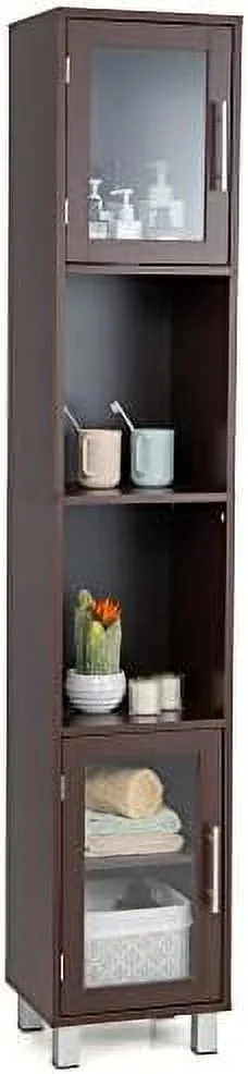 HBBOOMLIFE Bathroom Tall  Cabinet  Free Standing Bathroom Floor Cabinet with Two Open Shelves and  Compartments with Tempered Glass Doors  13 x 12 x 71 inches (White)