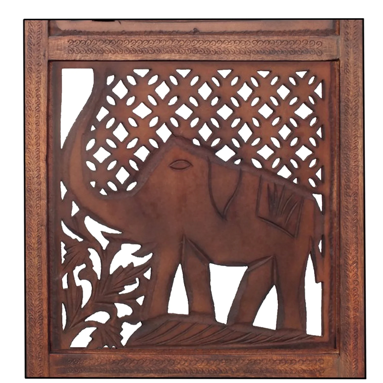 Maykoosh Hollywood Regency Hand Carved Elephant Design Foldable 4 Panel Wooden Room Divider, Brown