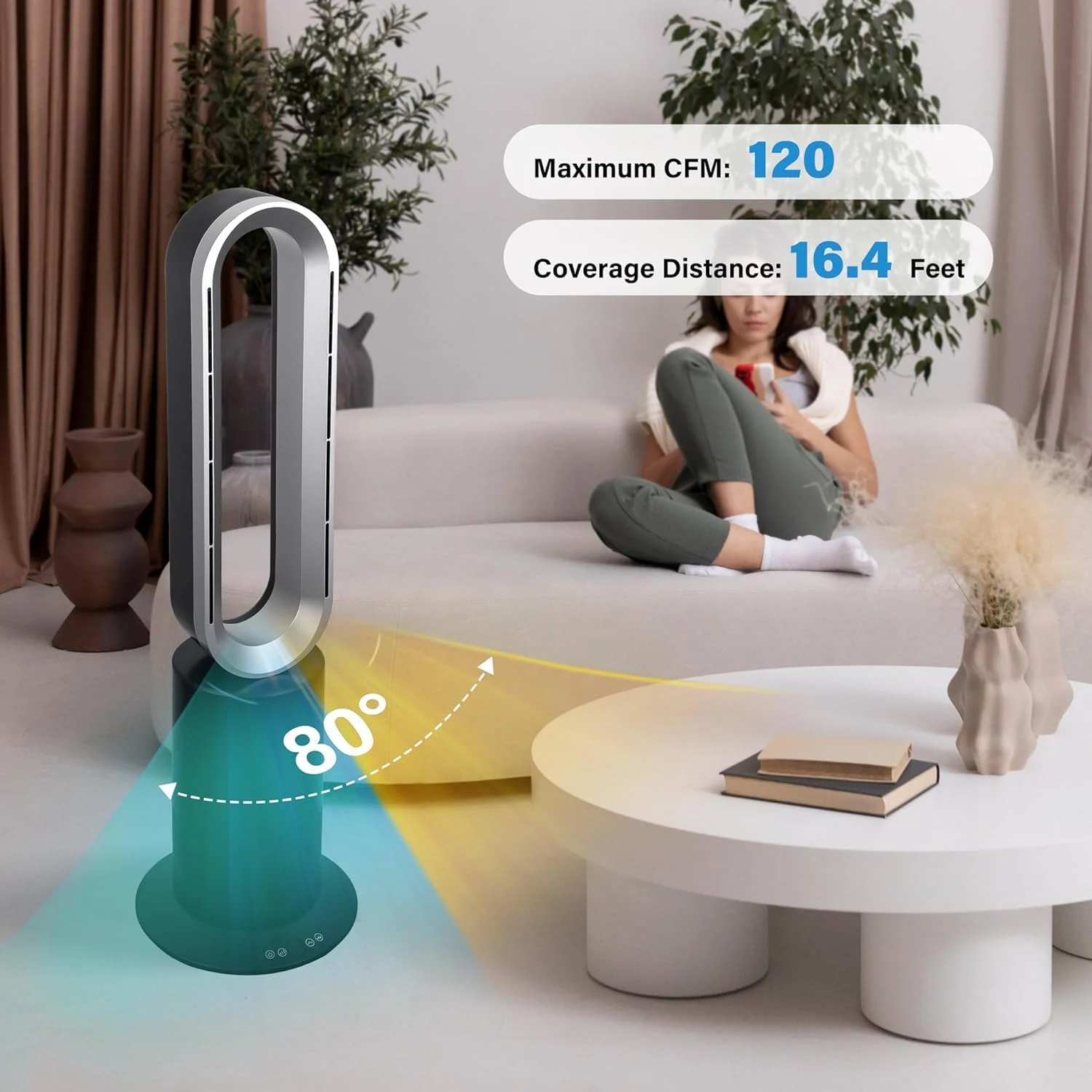 MINGFENG 34 Inch Bladeless Tower Fan with Remove, Heater and Fan Combo for Indoor Use, Cooling Oscillating Fan for Home Bedroom,Black