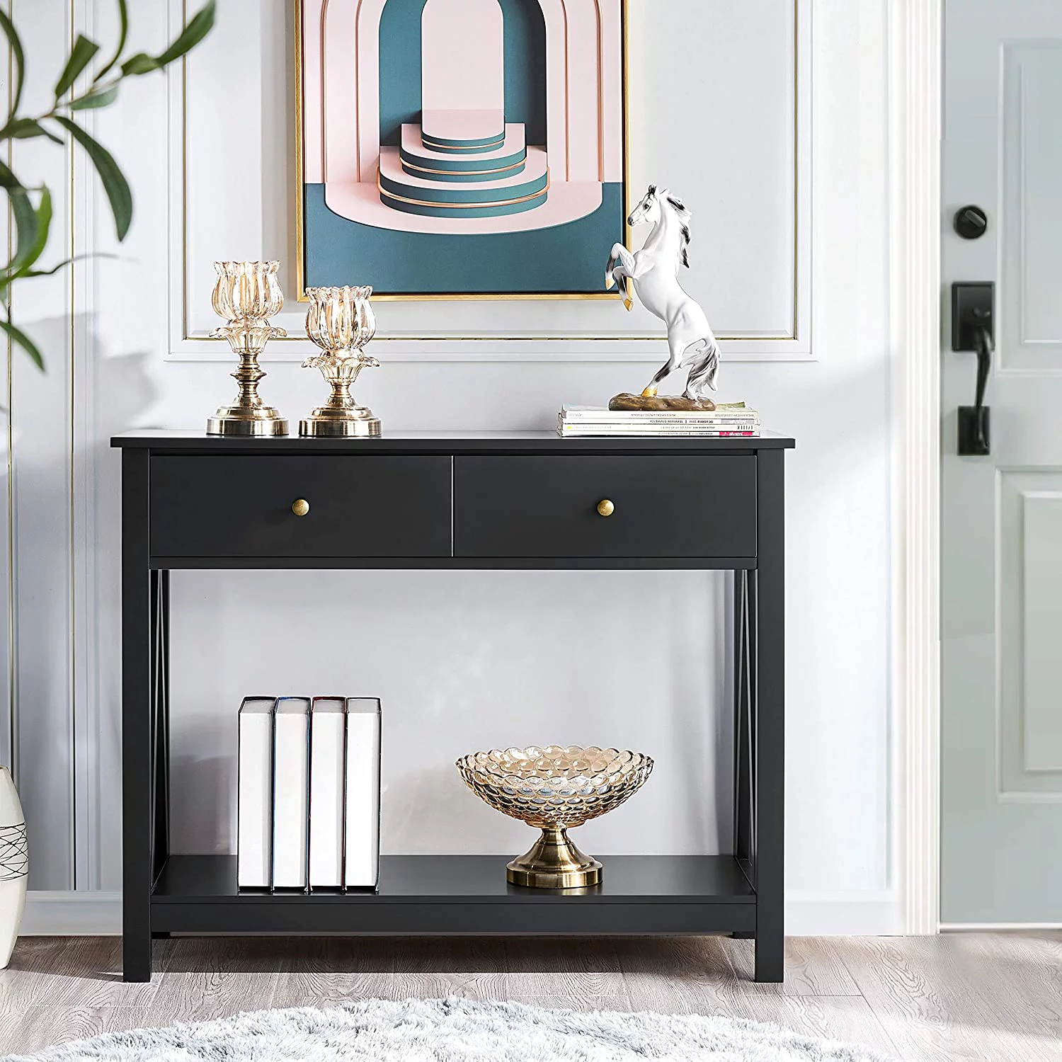 2-Tier Console Table with 1 Drawer and Open Storage Shelf, 39.5 Inch Narrow Long Sofa Table for Living Room Entryway, Easy Assembly, Black