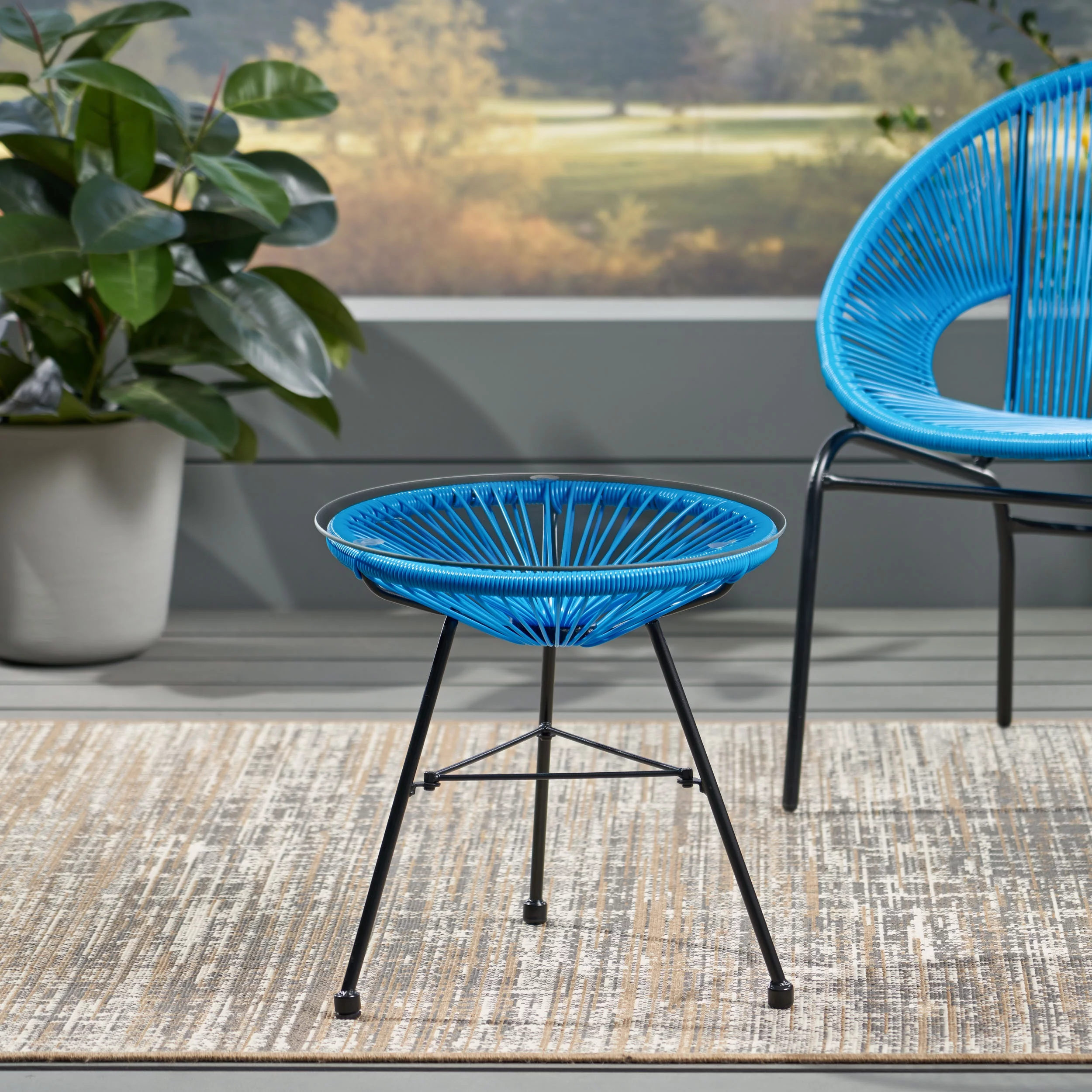 GDF Studio Chrissy Outdoor Modern Faux Rattan Side Table with Tempered Glass Top, Blue and Black