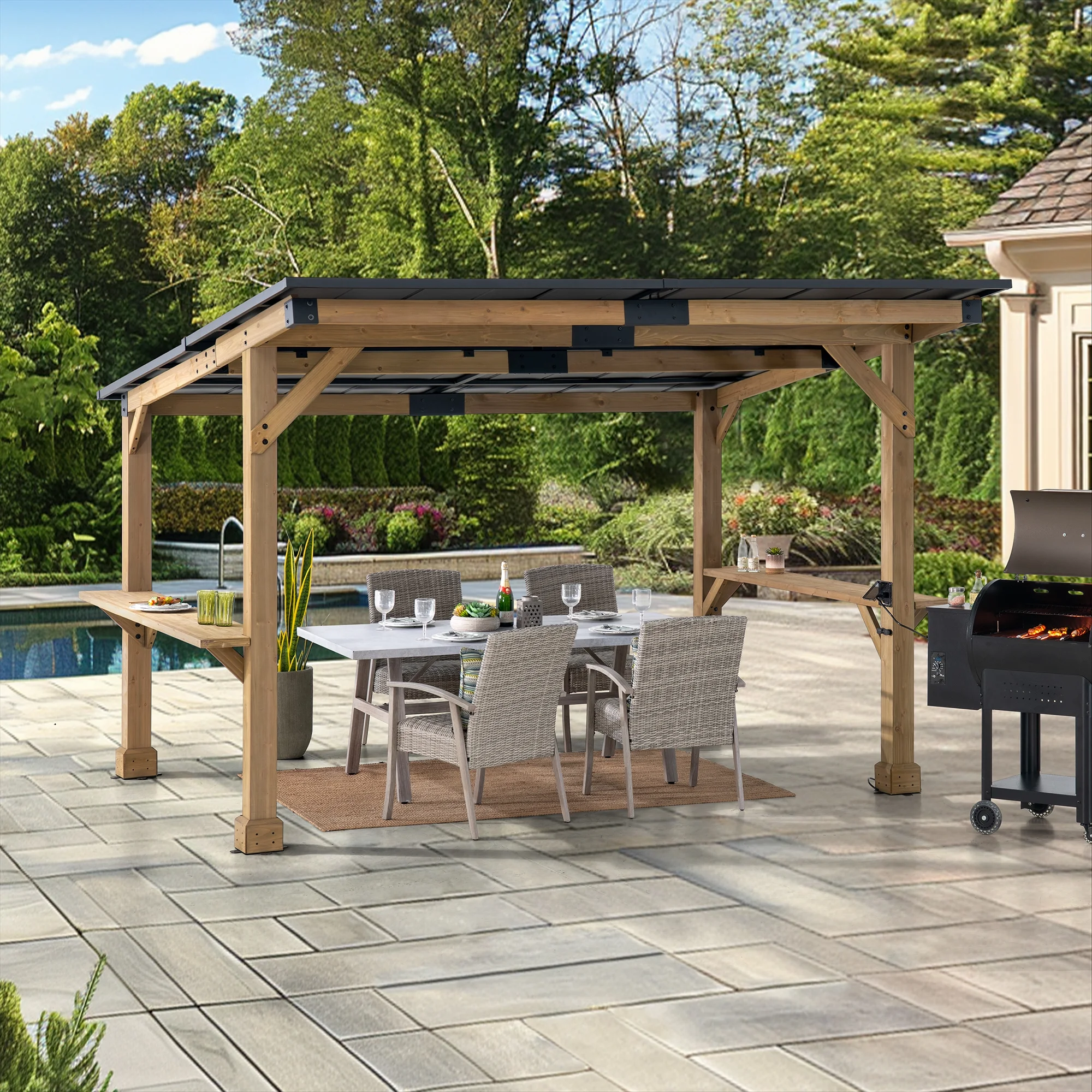 Sunjoy 10’ x 12’ Gazebo Outdoor/Patio with Wooden Frame, Steel Roof, Power Port and Bar Shelves