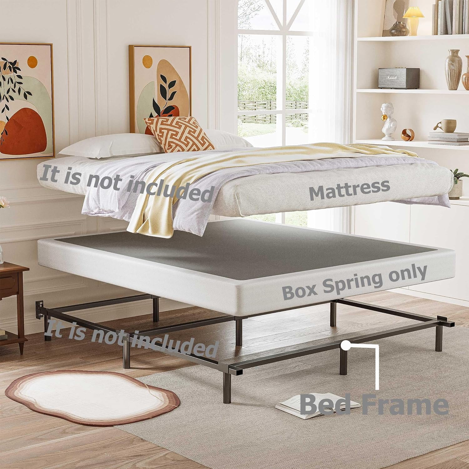 YILAN Box Spring Queen，5 Inch Metal Box-Spring Only, Mattress Foundation, Heavy Duty Structure with Fabric Cover Metal Frame, Noise Free, Non-Slip, Easy Assembly