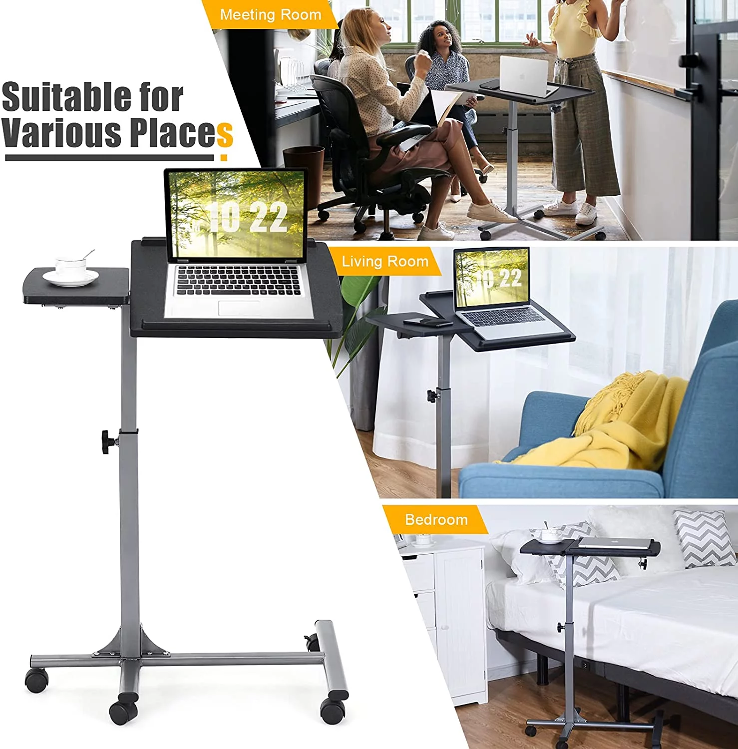 Overbed Laptop Desk, Mobile Laptop Stand with Tilting Tabletop, Rolling Height Adjustable Bedside Table with Mouse Pad Cup Holder
