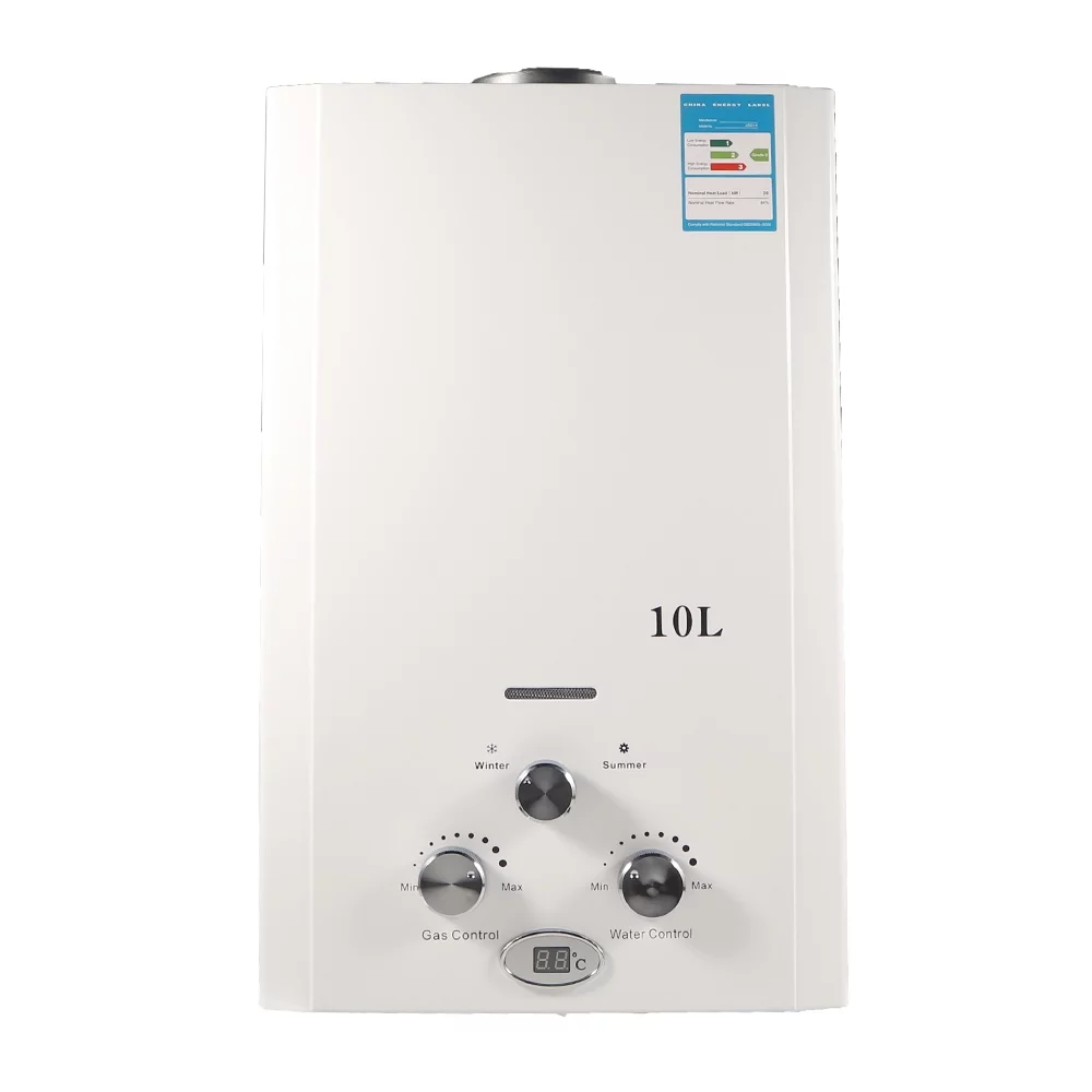 KingFurt 10L Natural Gas Water Heater White Coating Front Panel & Gray Bottom 20KW Rated Power With Temperature Display