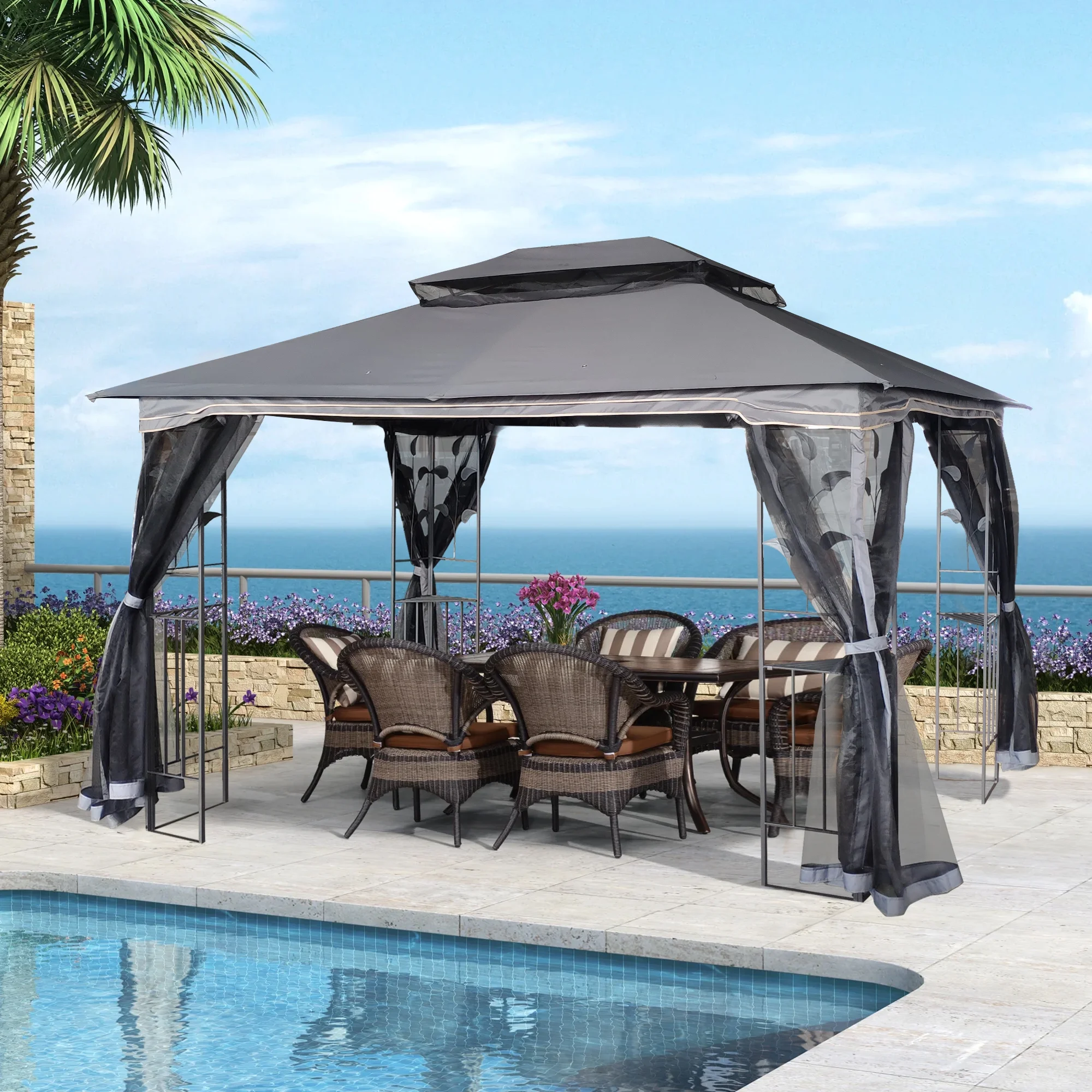 13x10 Outdoor Patio Gazebo Canopy Tent With Ventilated Double Roof And Mosquito net,Gray Top