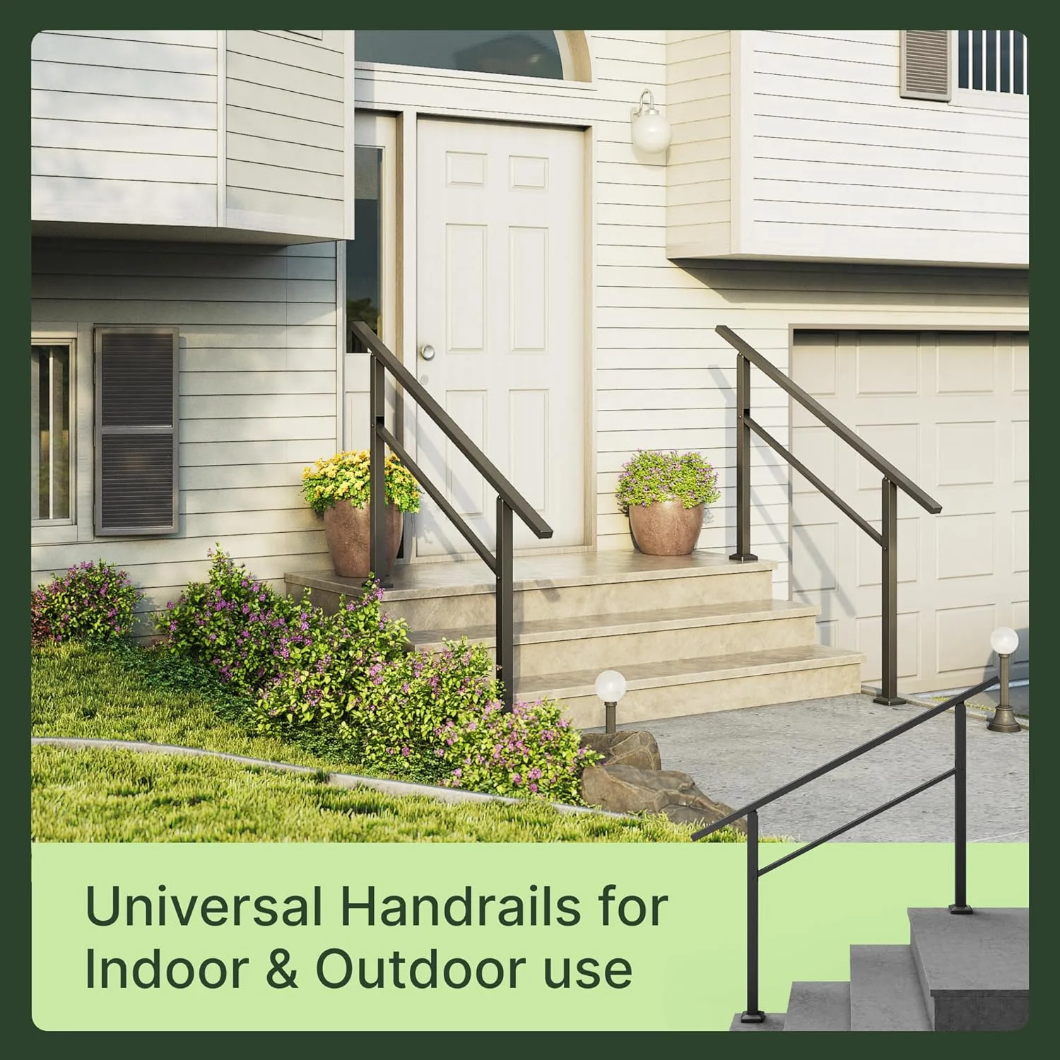 OUWI Handrails for Outdoor Steps - 1 to 4 Step Wrought Iron Stair Railing Outdoor, Indoor - Porch Railing - Weather-Resistant Deck Handrails for Concrete Steps, DIY Installation Kit (Black)