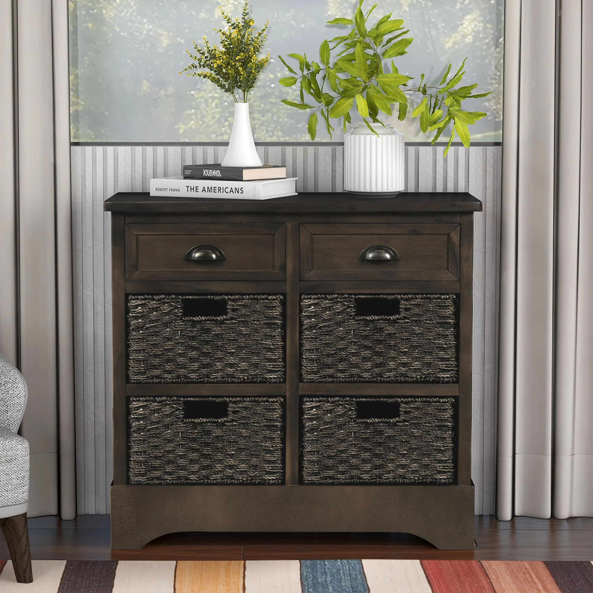 Rustic Storage Cabinet With Two Drawers And Four Classic Rattan Basket For Dining Room/Living Room (Brown Gray)