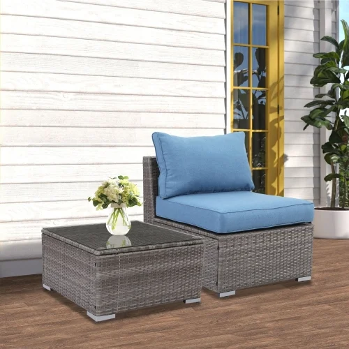 Buumin 2 Pieces Patio Armless Blue Brown Single Rattan Wicker Sofa Couches Furniture With End Side Table Outdoor