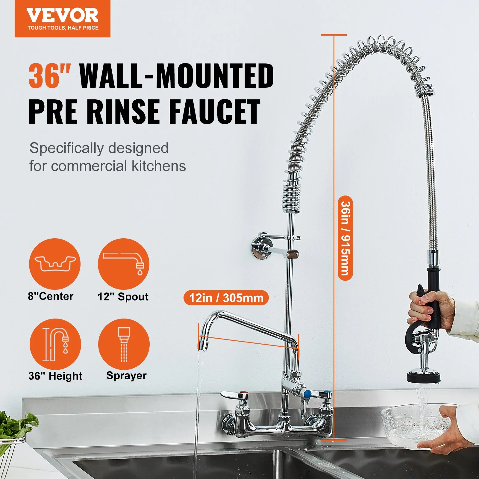 VEVOR Commercial Kitchen Faucet with Pre-Rinse Sprayer, 44-Inch Height, Wall Mount, 12-Inch Swing Spout, 8-Inch Center, Brass Construction, Pull Down Spray for 1/2/3 Compartment Sinks