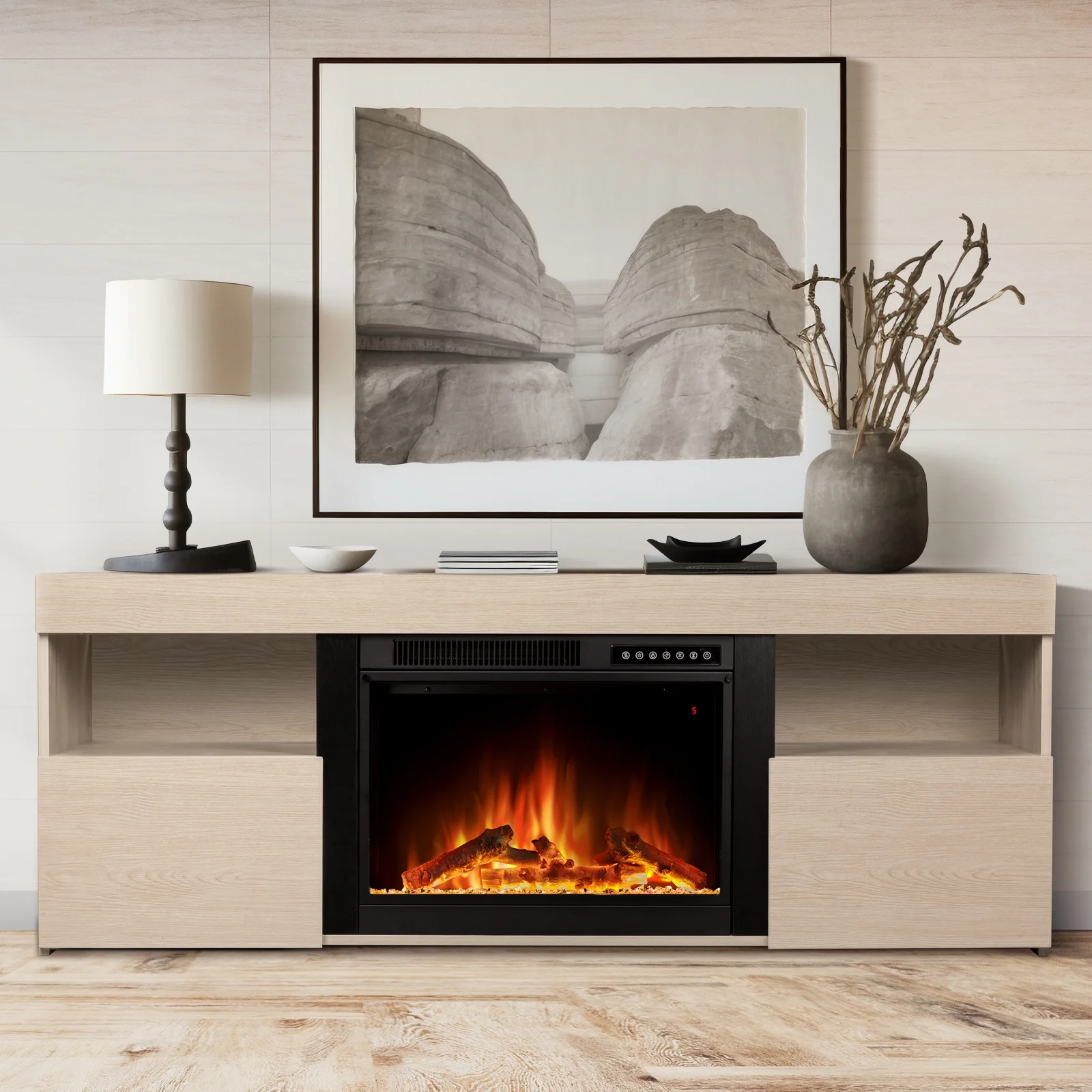 LHRIVER Free Standing Fireplace, Remote Control, 60'', Electric Fireplace Mantel, Adjustable Real 3D Flame Brightness （LIGHTOAK）