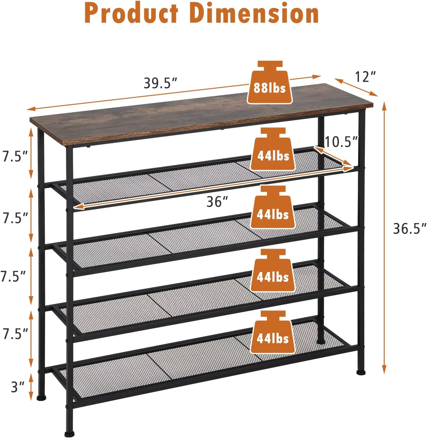 GVJMTKP 5-Tier Metal Shoe Rack  Freestanding Shoe  Organizer with  Mesh  & Wooden Top for 16-20 Pairs  Industrial Shoe  Rack for Entryway  Hallway  Living Room  Rustic Brown