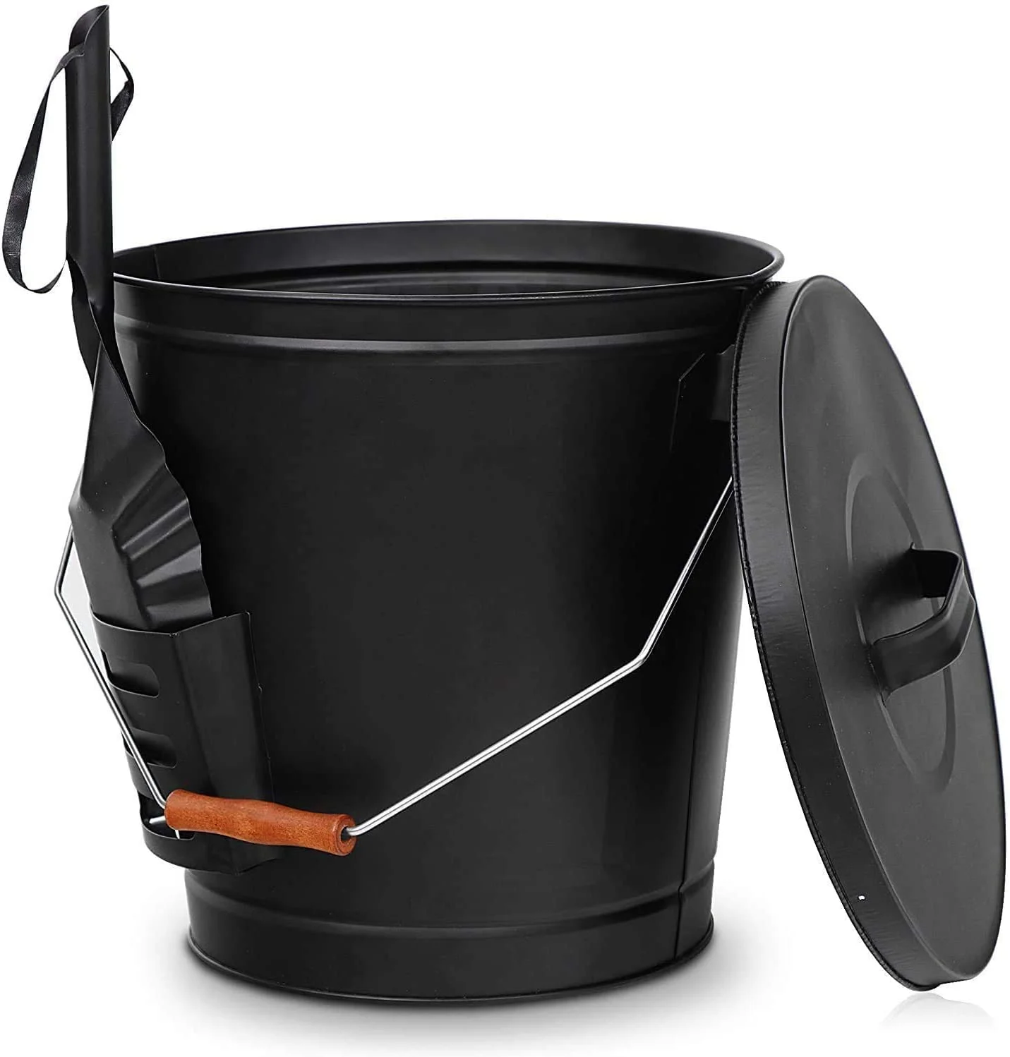 Hot Ash Bucket Fireproof Pellet Bucket with Lid and Shovel for Fireplaces, Fire Pits - Black