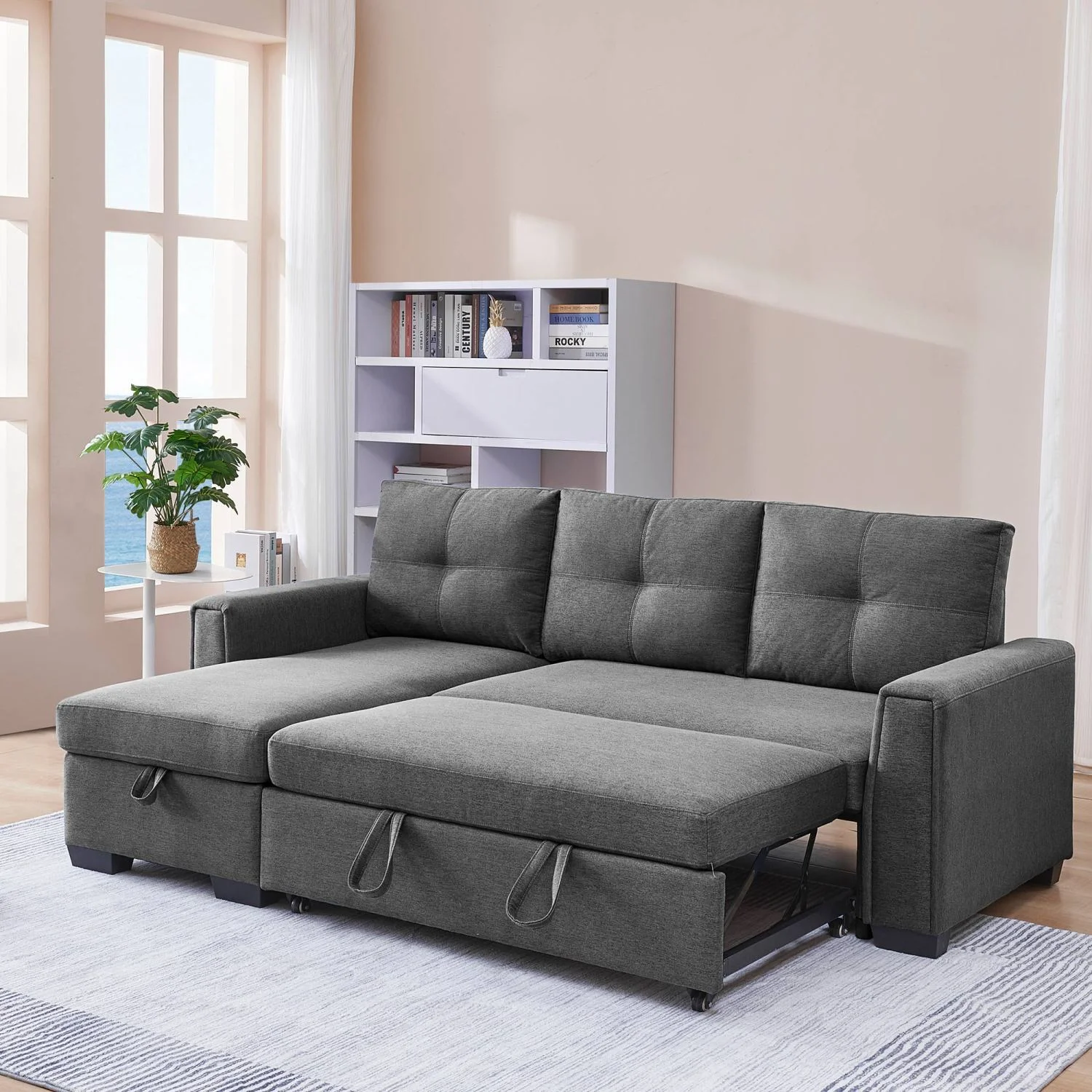 Cozy Dark Grey 91.7 Inches L-Shape Modular Fabric Convertible Reversible Sleeper Sectional Sofa Couch with Storage Chaise  Comfortable 3-Seater Pull-Out Sleeper Bed