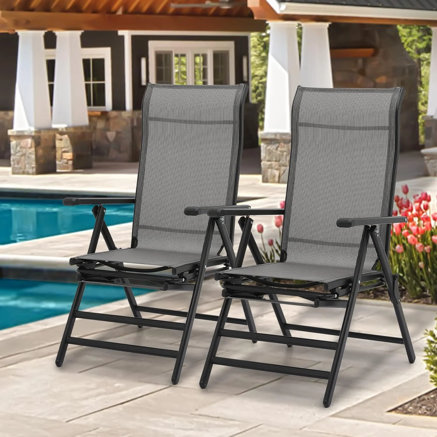 3 In 1 Lounge Chair Set Of 2 Patio Folding Lawn Lounge Chairs Outdoor Lounge High Back Chair Camp Reclining Lounge Chair With Retractable Footrest For Poolside Backyard, 300Lbs Capacity