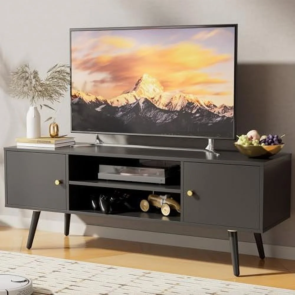 JYHOME TV Stand for 50/55/60 inch TV  Mid-Century Modern TV Stand with  Cabinets and Adjustable Shelves  Entertainment Center TV Console  TV Media for Living Room  Bedroom  Oak