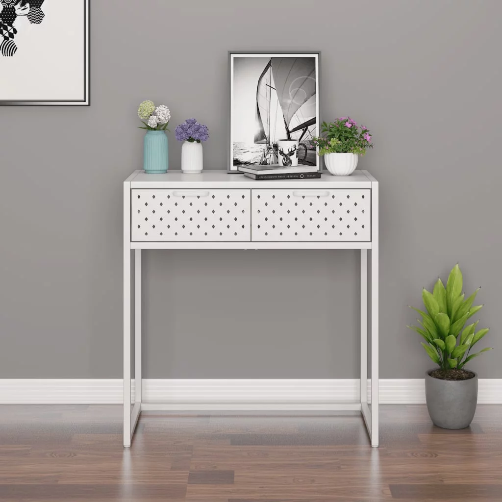 Andoer Console Table, White, 28.3x13.8x29.5, Steel, Sturdy and Durable, Decorative and Storage Item, Drawers with Ballbearing Runners, Adjustable Height, Ideal for Home Interior