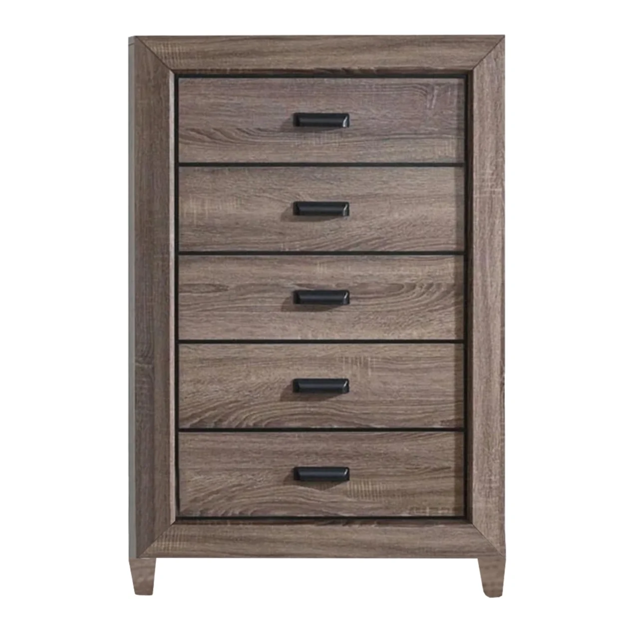Five Drawer Chest With Scalloped Feet In Weathered Gray Grain Finish - Saltoro Sherpi