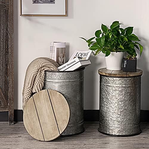 xrboomlife Rustic  Bins Farmhouse End Table Farmhouse  Galvanized Metal Stool Ottoman Seat with Round Wood Lid Set of 2