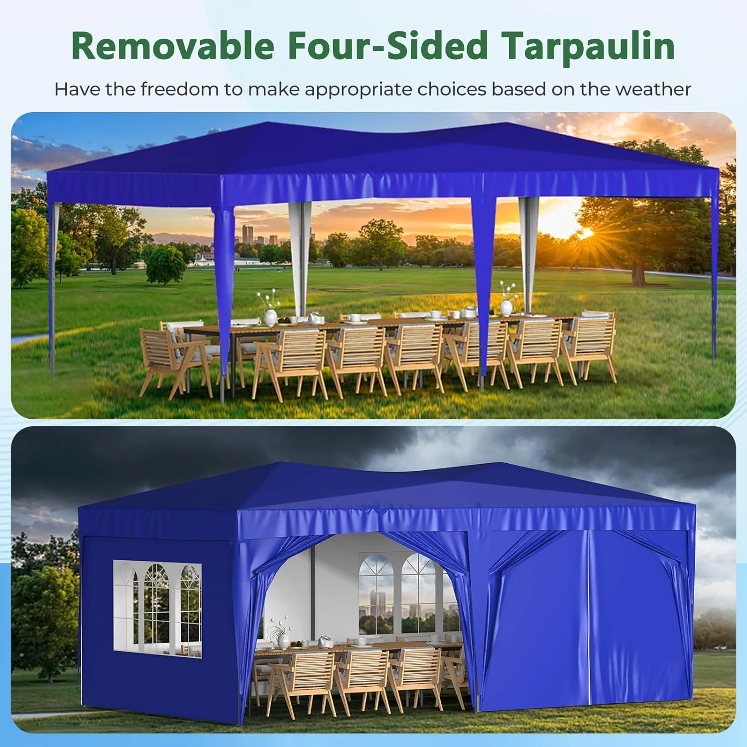 POWANLI 10' x 20' EZ Pop Up Canopy Outdoor Portable Party Folding Tent Gazebo with 6 Removable Sidewalls + Carry Bag + 6pcs Weight Bag Blue