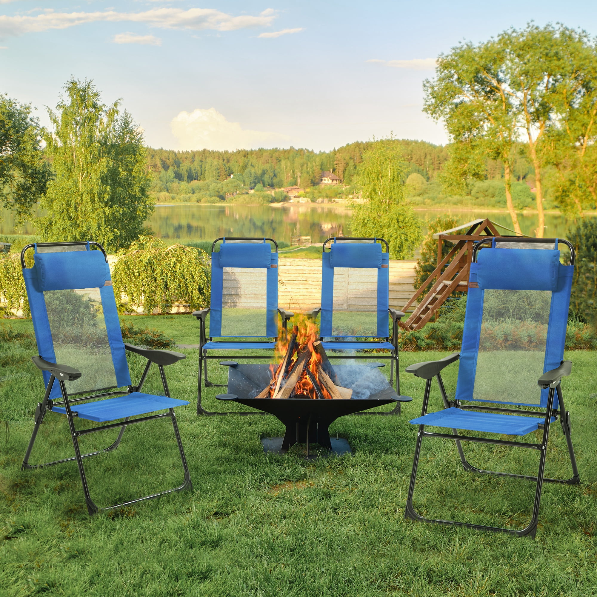 Outsunny Set of 4 Folding Patio Chairs w/ Reclining & Headrest, Blue