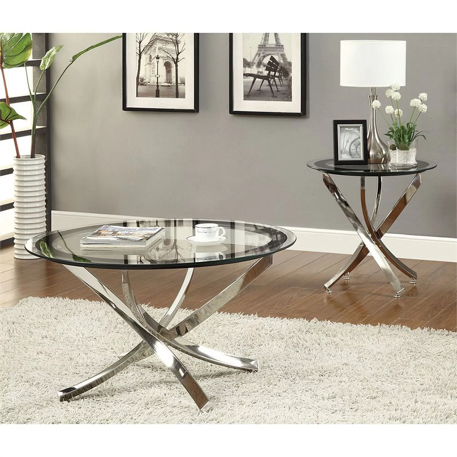 Bowery Hill Round Glass Top Accent Coffee Table in Chrome