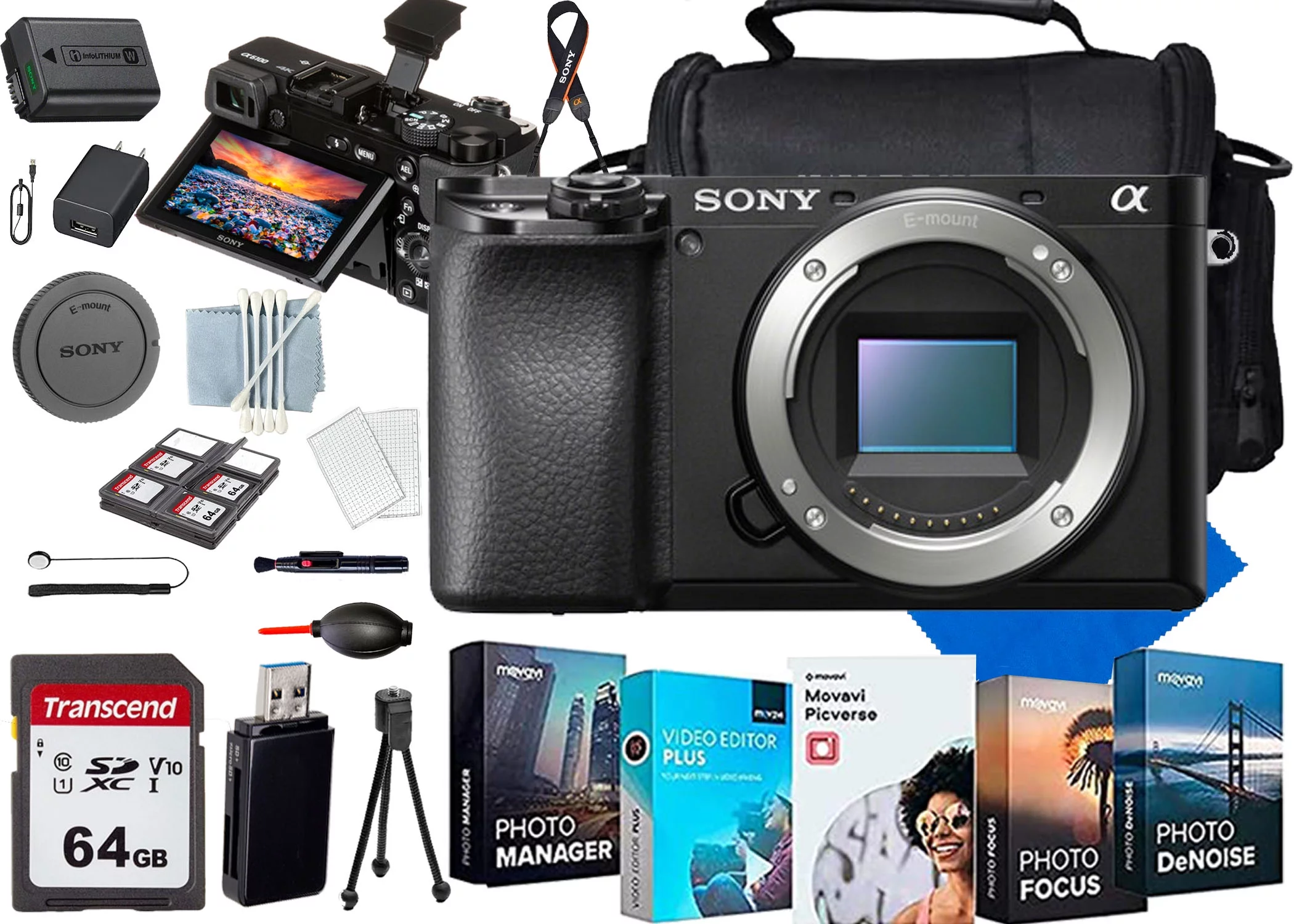 Sony a6100 Mirrorless Camera Body+Commander Starter Kit+64GIG SD Card+Photo Software(20PC Bundle) 64Gig Momory Card+Lens+Case+(20PC)Bundle