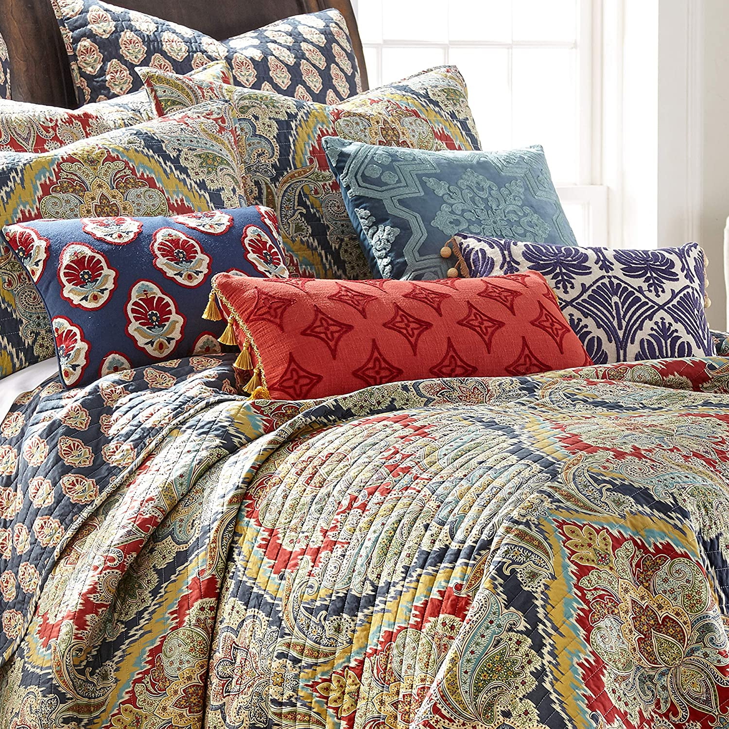 Moreno Quilt Set  King/Cal King Quilt + Two King Pillow Shams  Traditional Damask  Red, Blue, Grey, Gold, Teal  Quilt (106X92in.) And Pillow Shams (36X20in.)  Reversible  Cotton