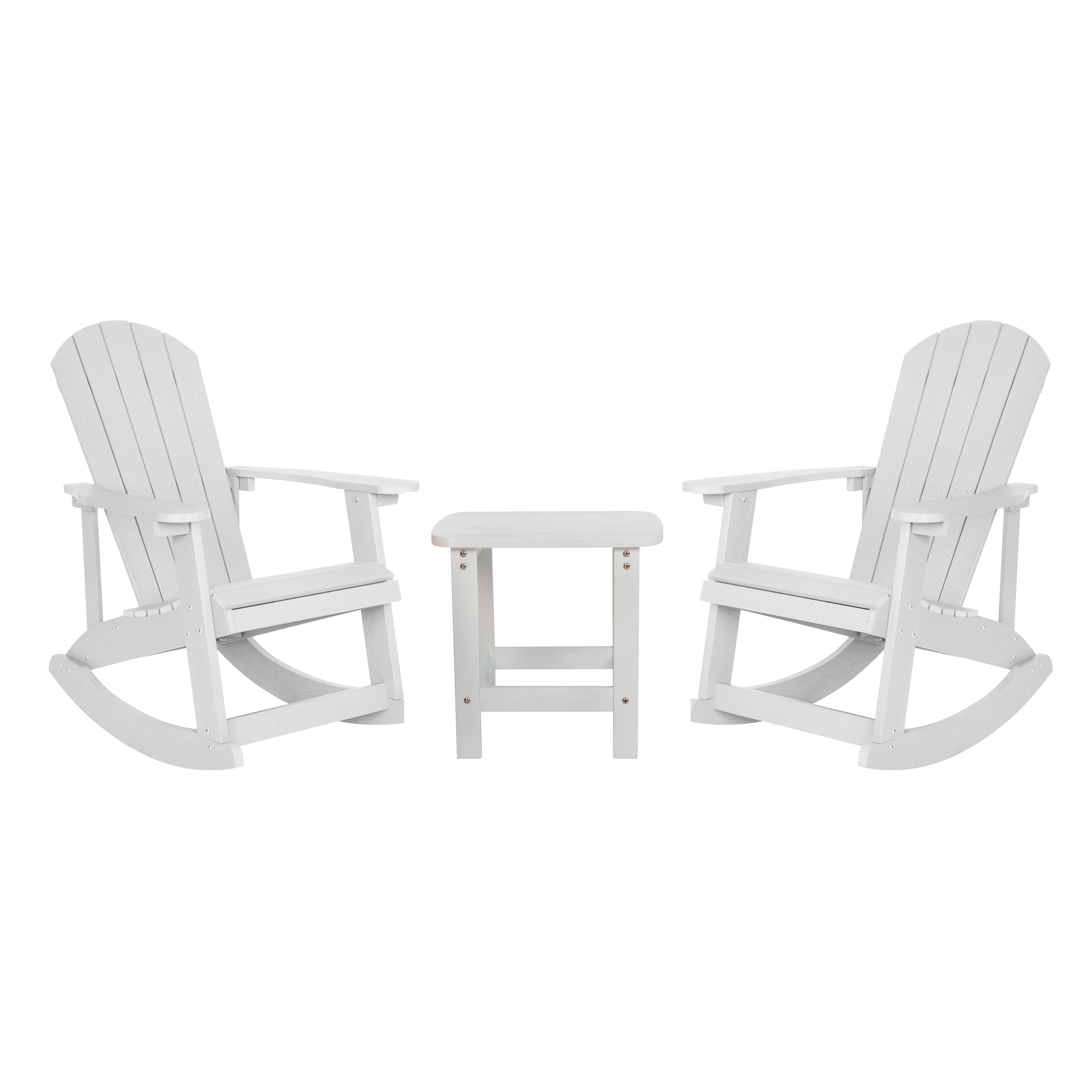 Merrick Lane 3 Piece Adirondack Patio Furniture Set Includes 2 White All-Weather Rocking Chairs and Side Table