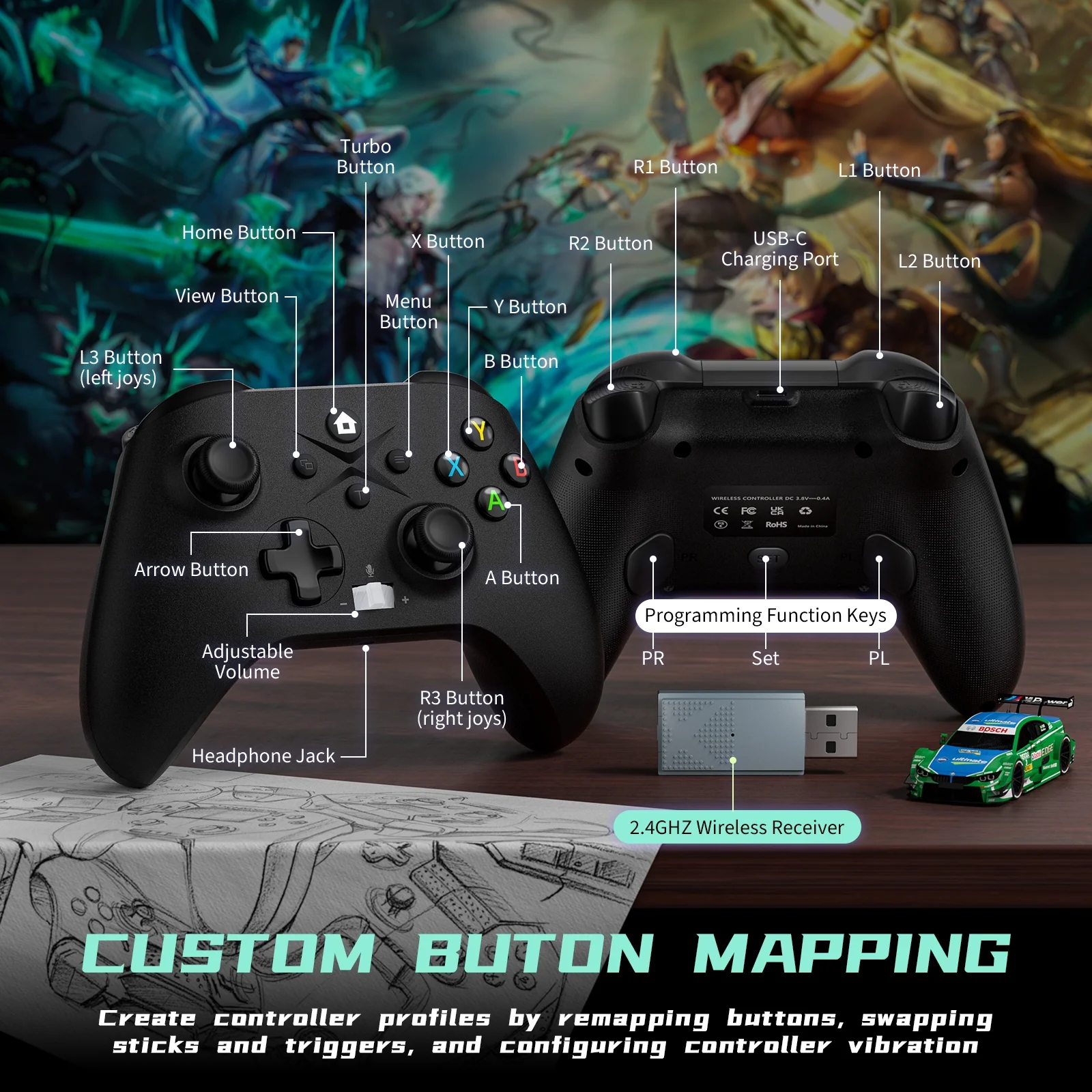 Xbox Controller Wireless for Xbox One, Xbox One S/X, Xbox Series X/S, PC Windows, 2.4GHz Adapter Wireless Gamepad Built-in 650mAh Rechargeable Battery, with Turbo Function and Adjustable Volume